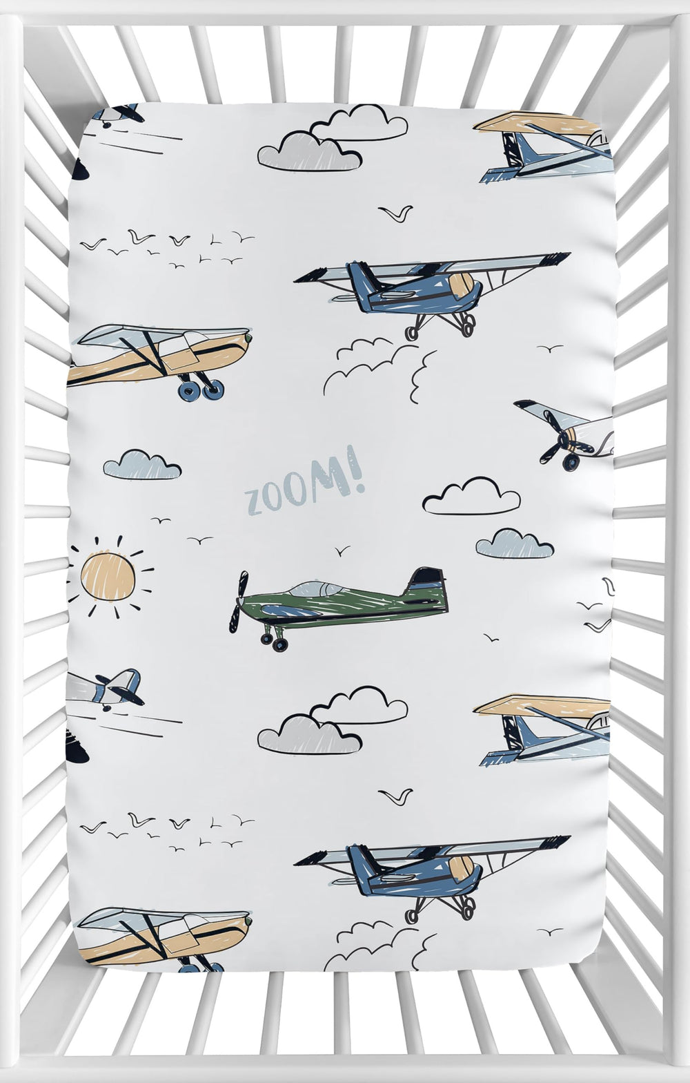 Sweet Jojo Designs mini crib sheet with vintage airplane print for snug sleep