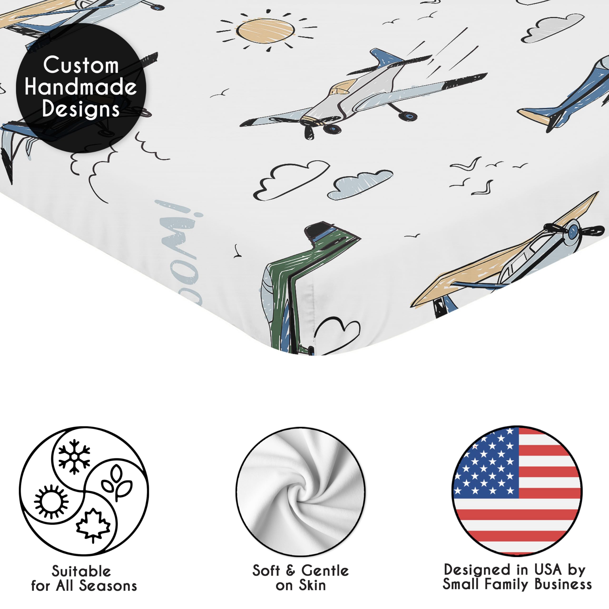 Sweet Jojo Designs mini pack-n-play sheet featuring airplanes and clouds for quick changes