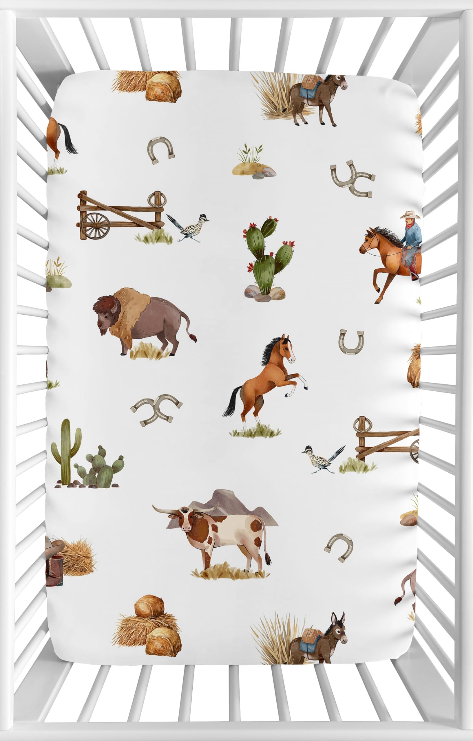 Sweet Jojo Designs mini crib sheet with western cowboy print offers snug fit.