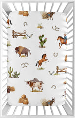 Sweet Jojo Designs mini crib sheet with western cowboy print offers snug fit.