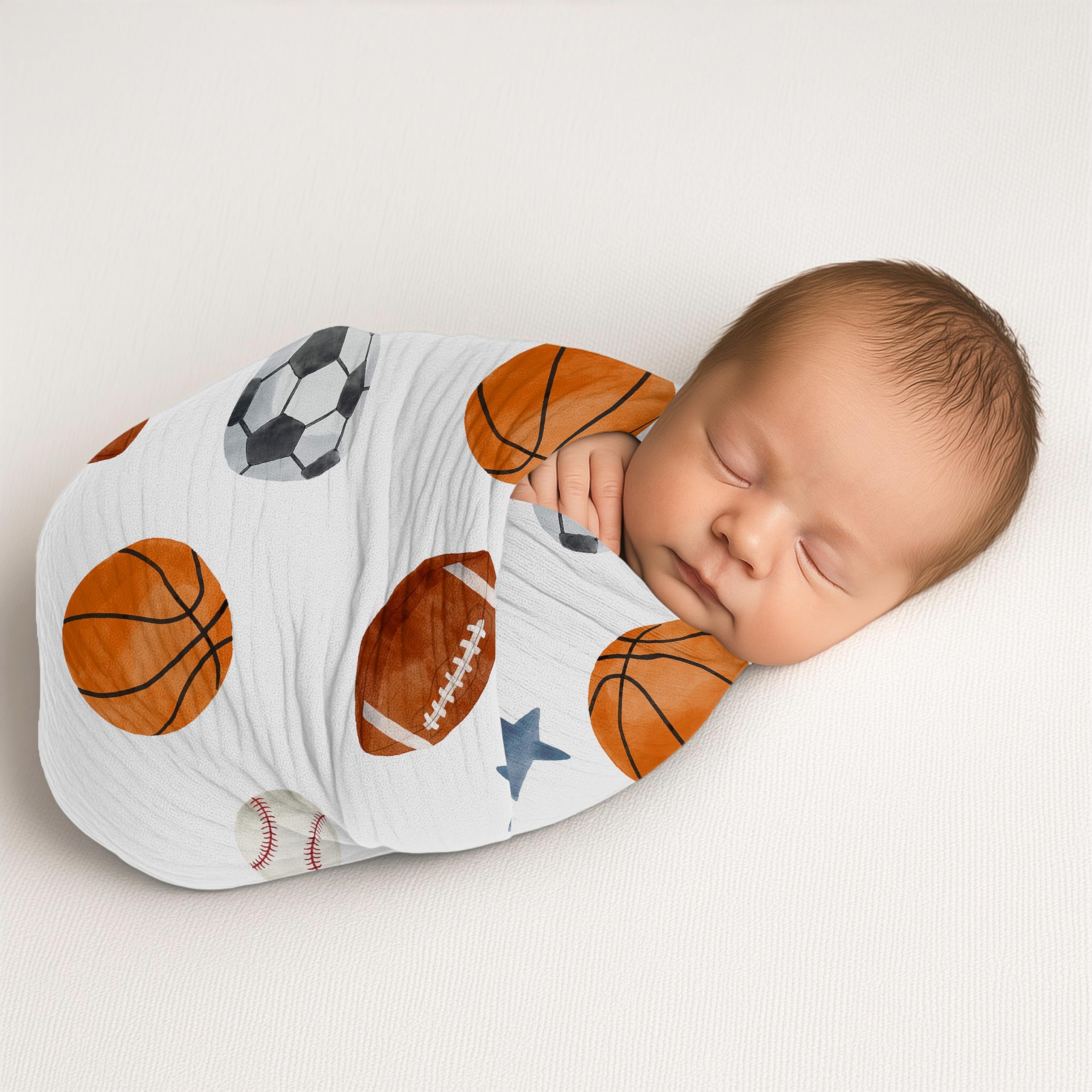 Sweet Jojo Designs swaddle featuring baseball motifs provides soft warmth for newborn moments