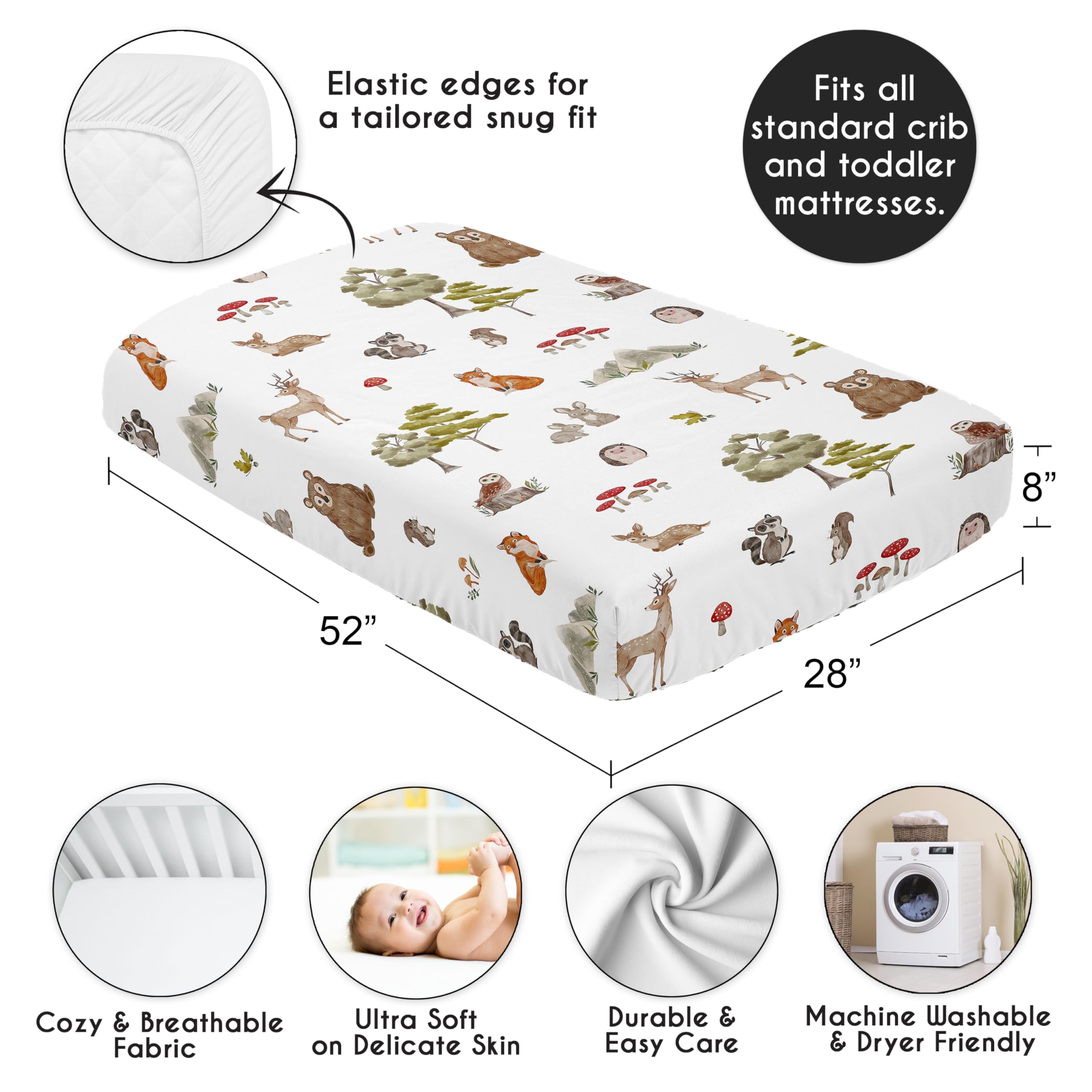 Sweet Jojo Designs neutral woodland theme crib sheet suitable for boys or girls.