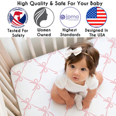 Sweet Jojo Designs pack-and-play sheet blush bows, cozy design ideal for portable cribs.