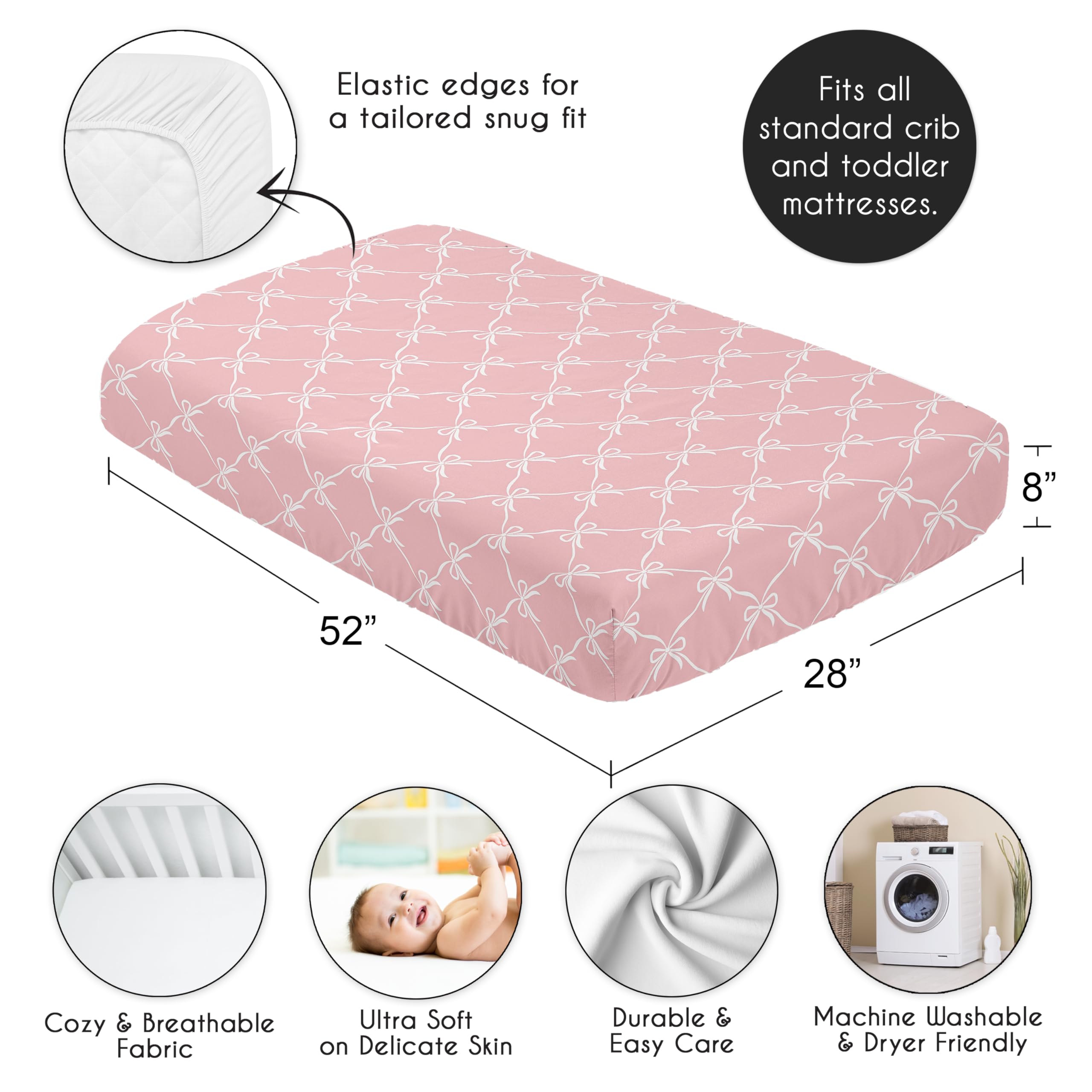 Sweet Jojo Designs pink bows crib sheet with elastic edge, easy quick changes.