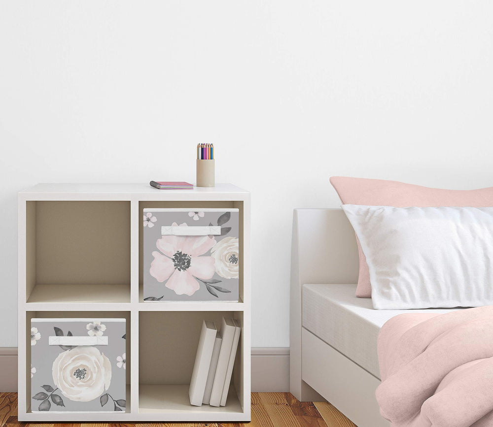 Sweet Jojo Designs pink and grey floral storage bin for baby nurseries.