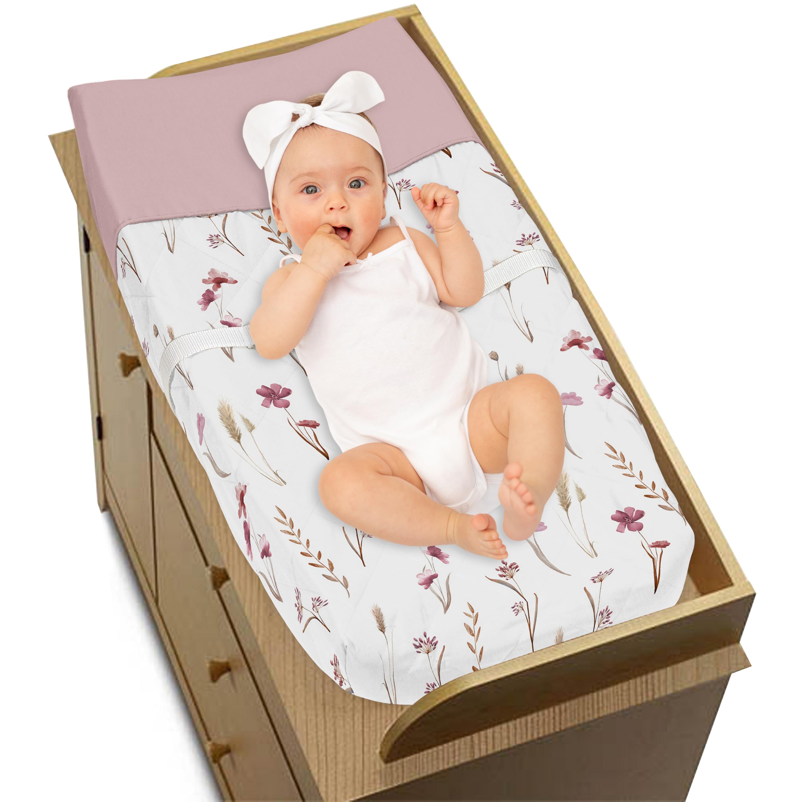 Sweet Jojo Designs pink taupe beige fabric enhances changing area practicality.