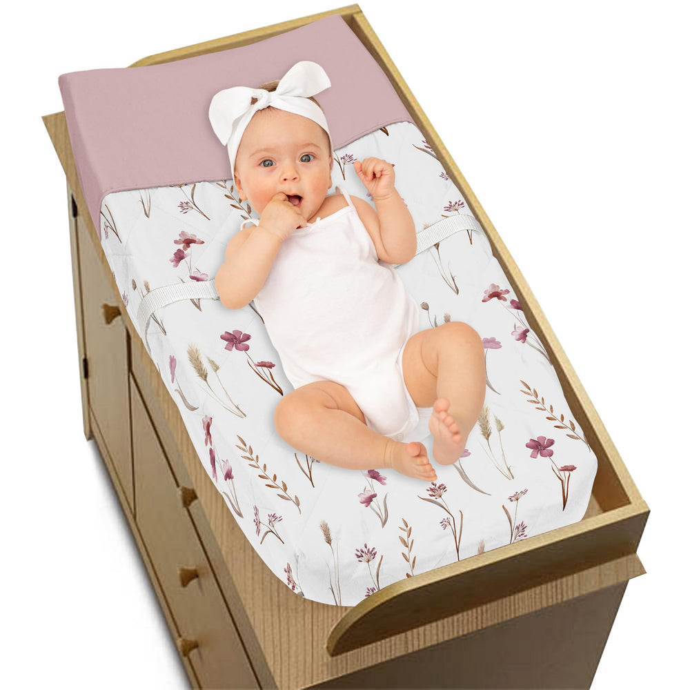 Sweet Jojo Designs pink taupe beige fabric enhances changing area practicality.