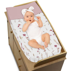 Sweet Jojo Designs pink taupe beige fabric enhances changing area practicality.
