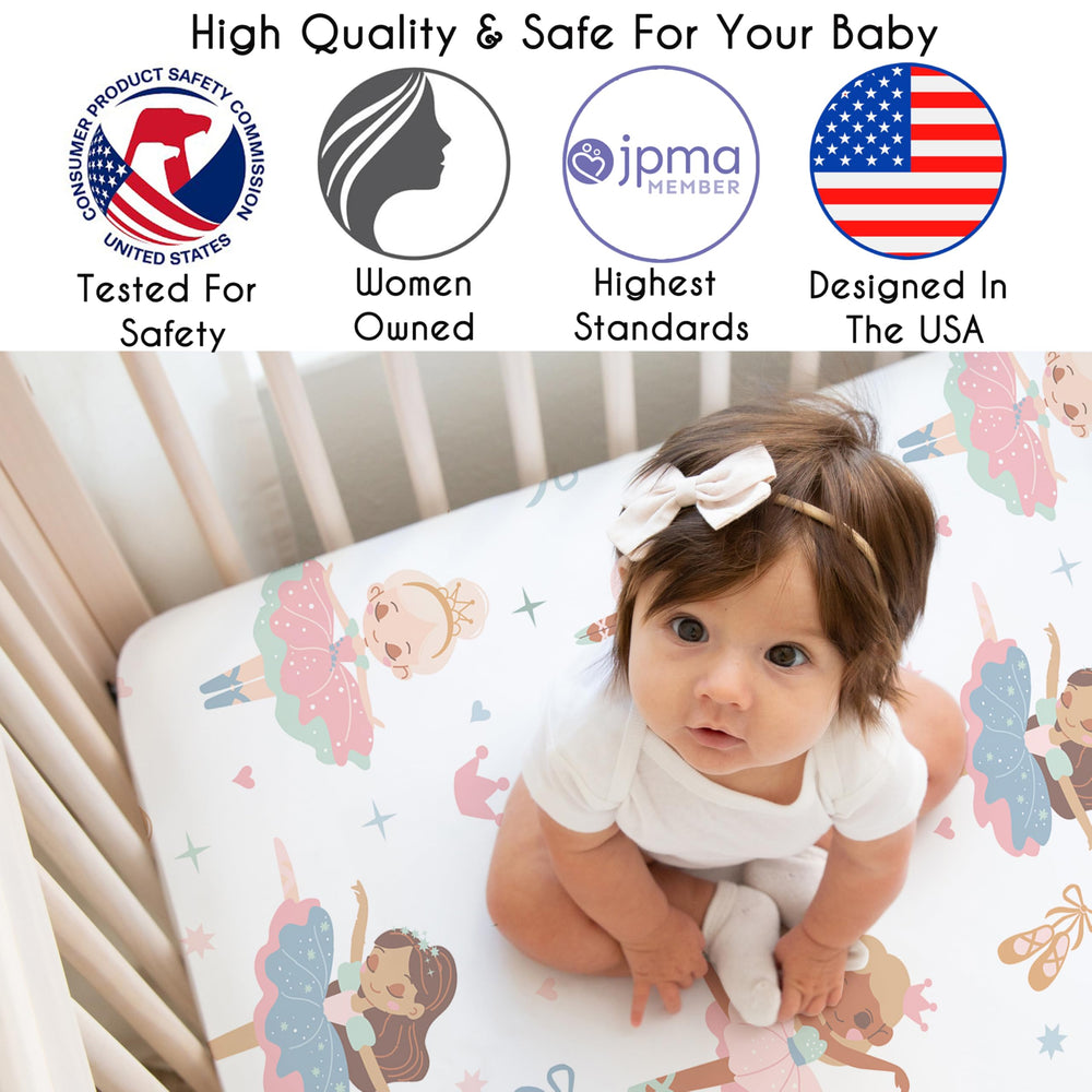 Sweet Jojo Designs princess tutu motif crib sheet brings playful elegance to bedtime.