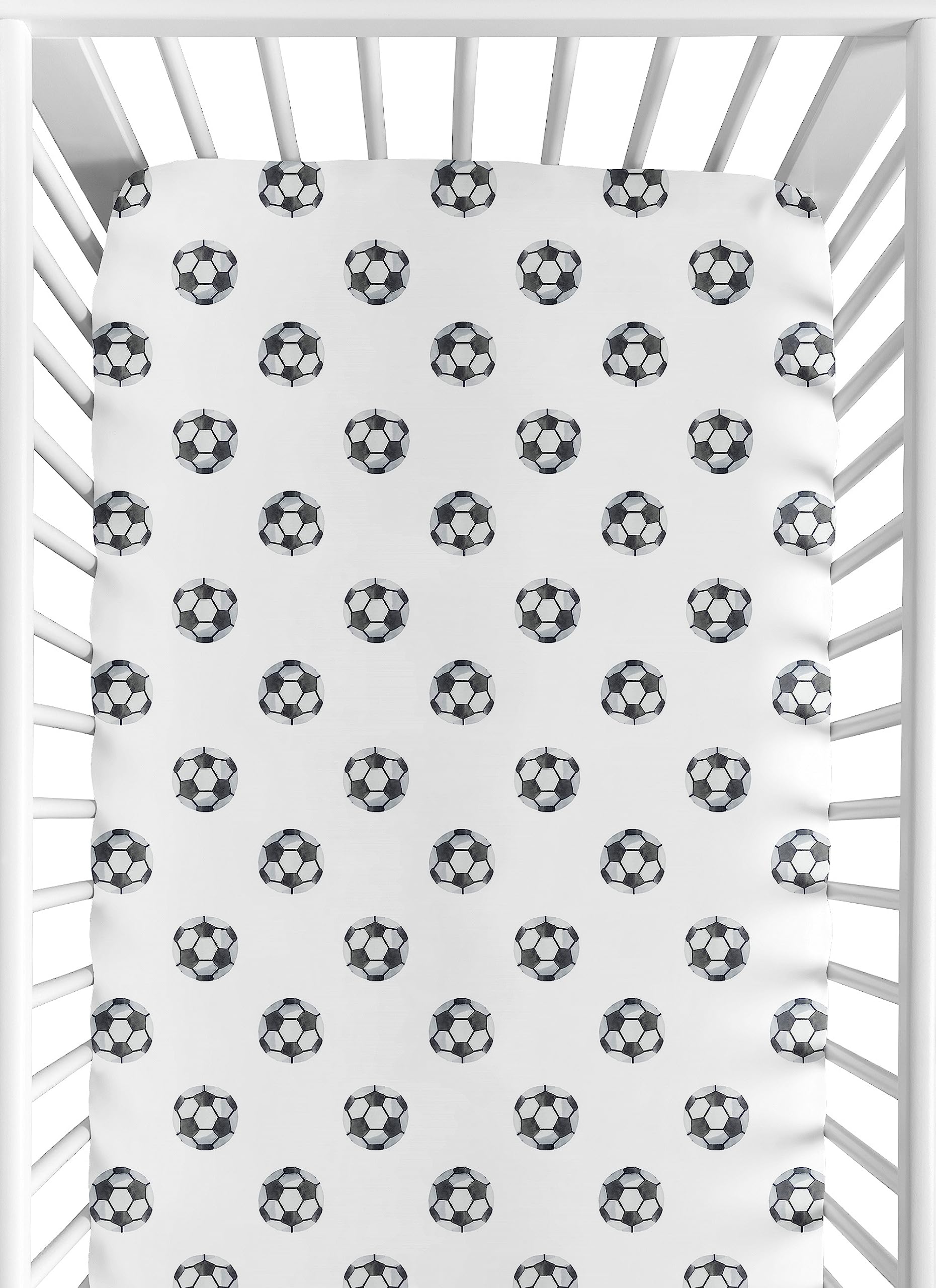 Sweet Jojo Designs soccer ball crib sheet closeup highlights print and soft feel