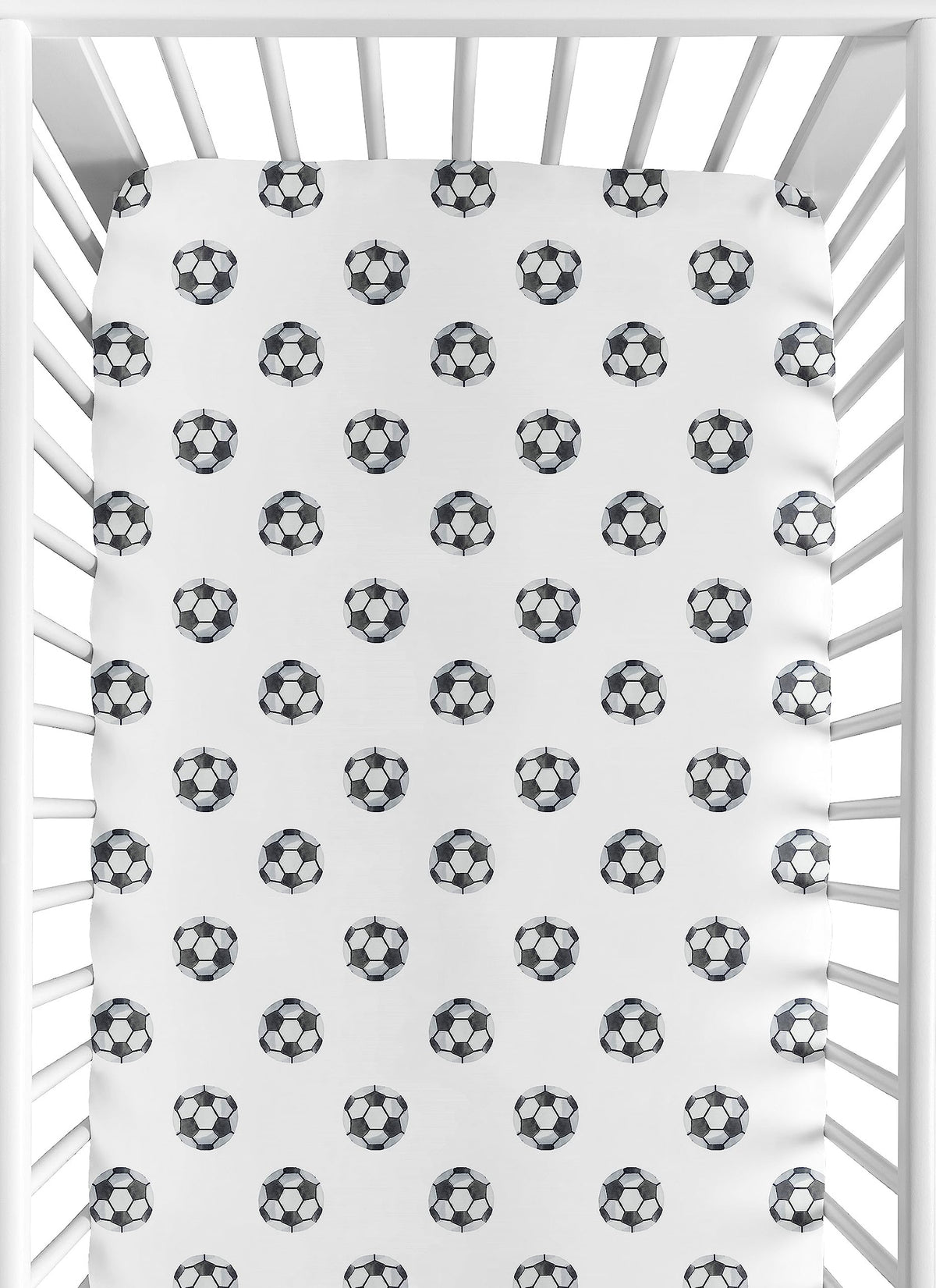 Sweet Jojo Designs soccer ball crib sheet closeup highlights print and soft feel