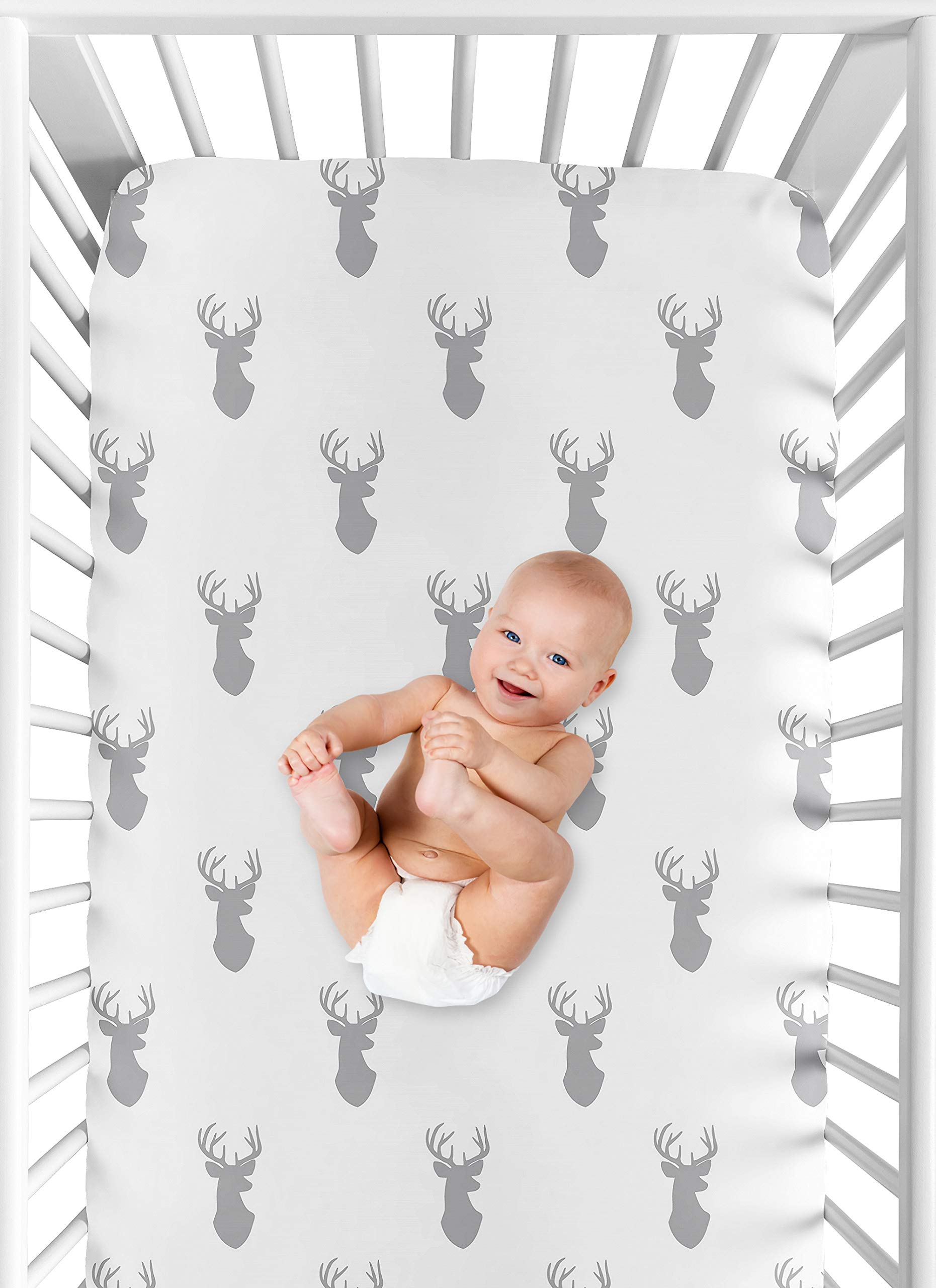 Sweet Jojo Designs Stags Gray White collection crib sheet enhances nursery mood