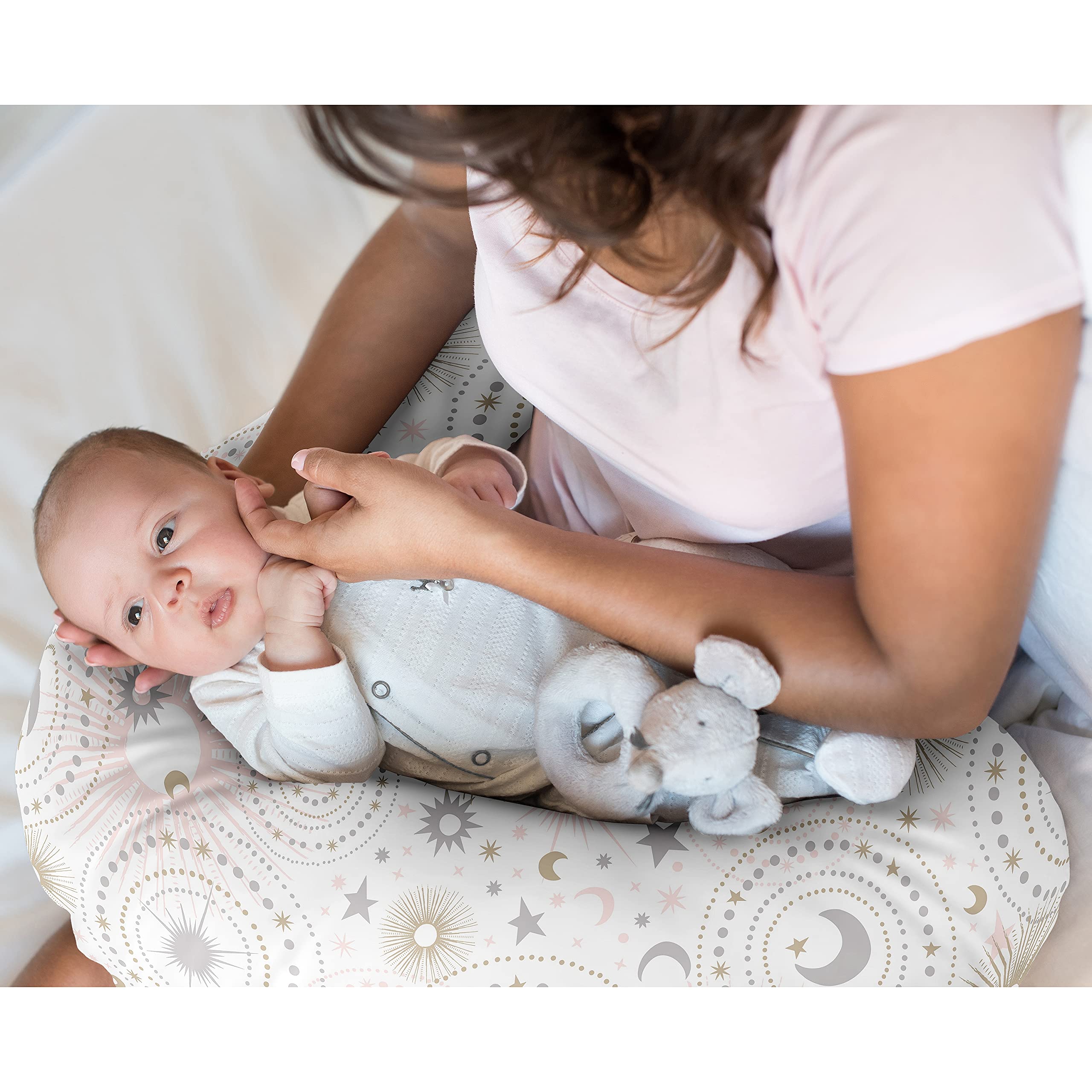 Sweet Jojo Designs nursing cover in pink, gold, and grey tones for nursery décor
