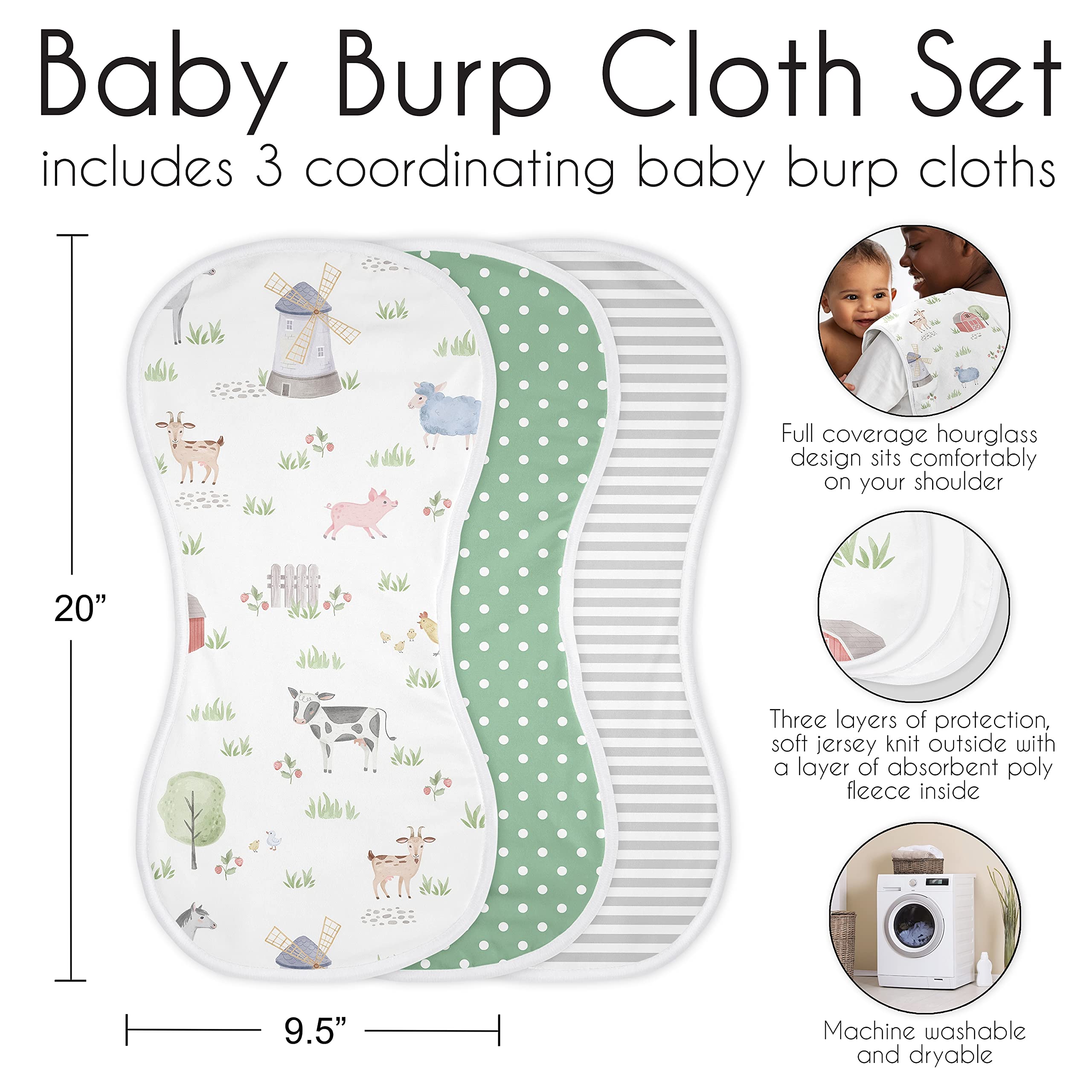 Sweet Jojo Designs three-pack burp cloths for coordinated nursery care.