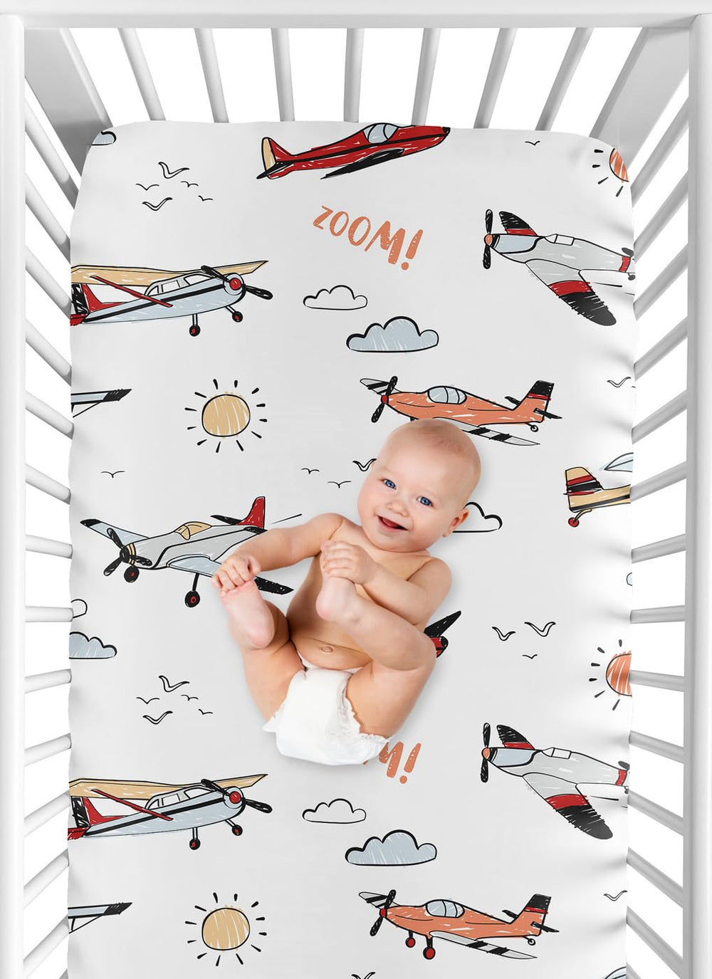 Sweet Jojo Designs transportation-themed crib sheet pairs with matching accessories.