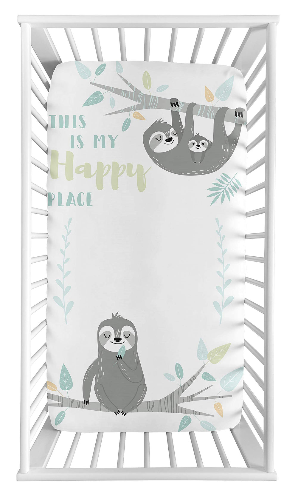 Sweet Jojo Designs turquoise grey green botanical print creates a soothing nursery atmosphere.