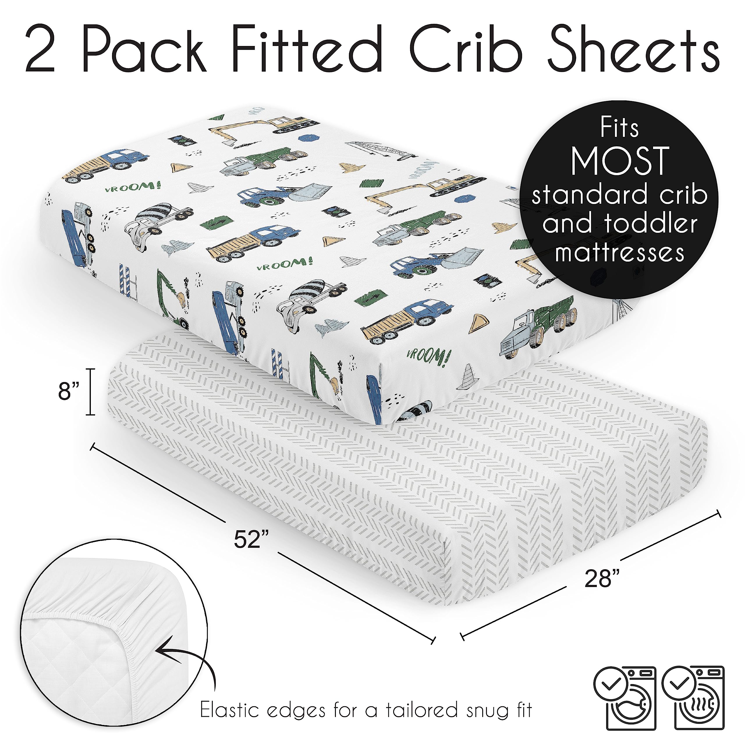 Sweet Jojo Designs two-pack fitted crib sheets with elastic bottom for secure fit.