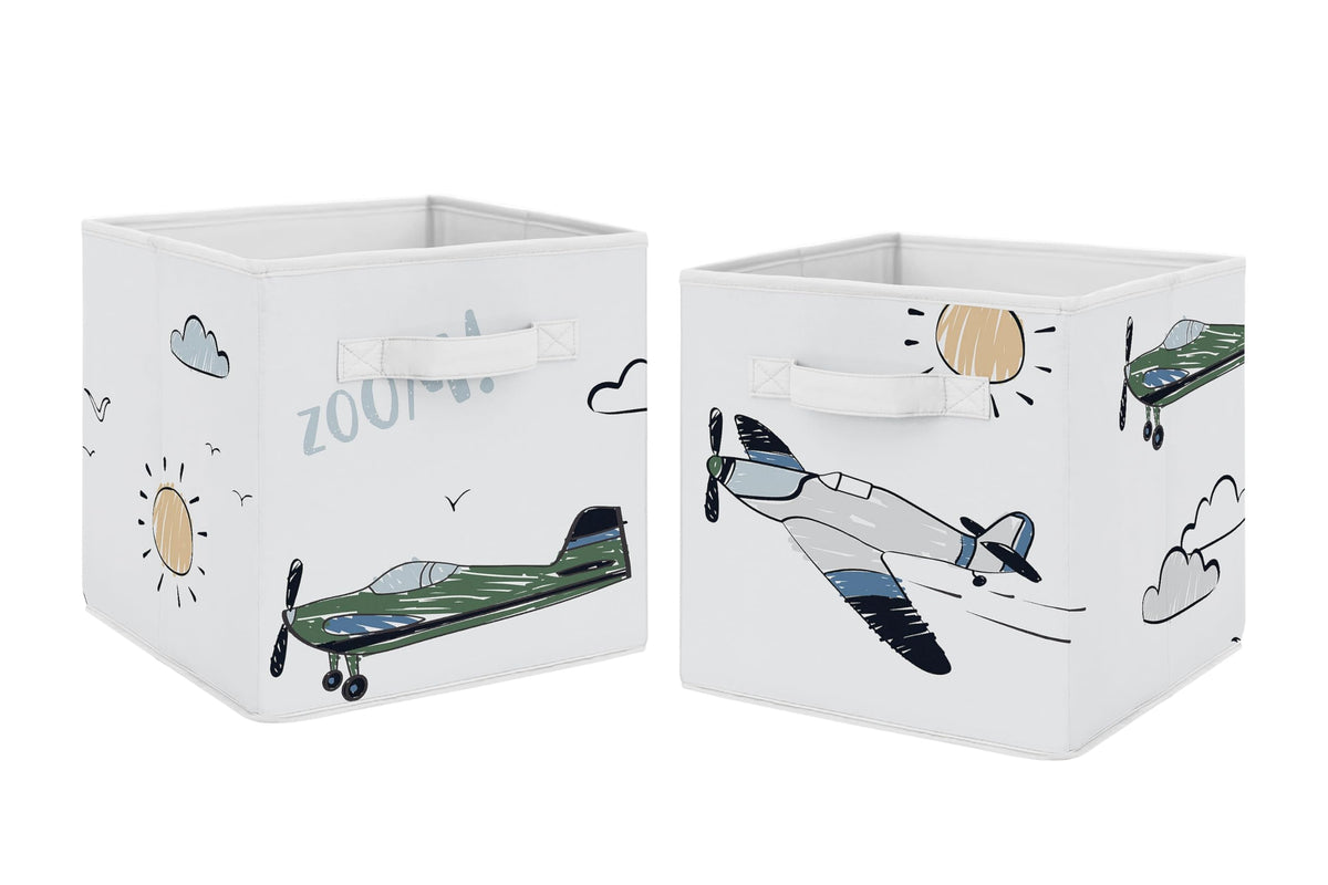 Sweet Jojo Designs storage cubes with vintage airplane print, handy for toy organization in a kid’s room.