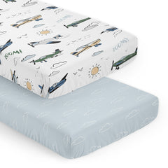 Sweet Jojo Designs vintage airplane slate blue clouds crib sheet keeps the mattress secure and comfy.