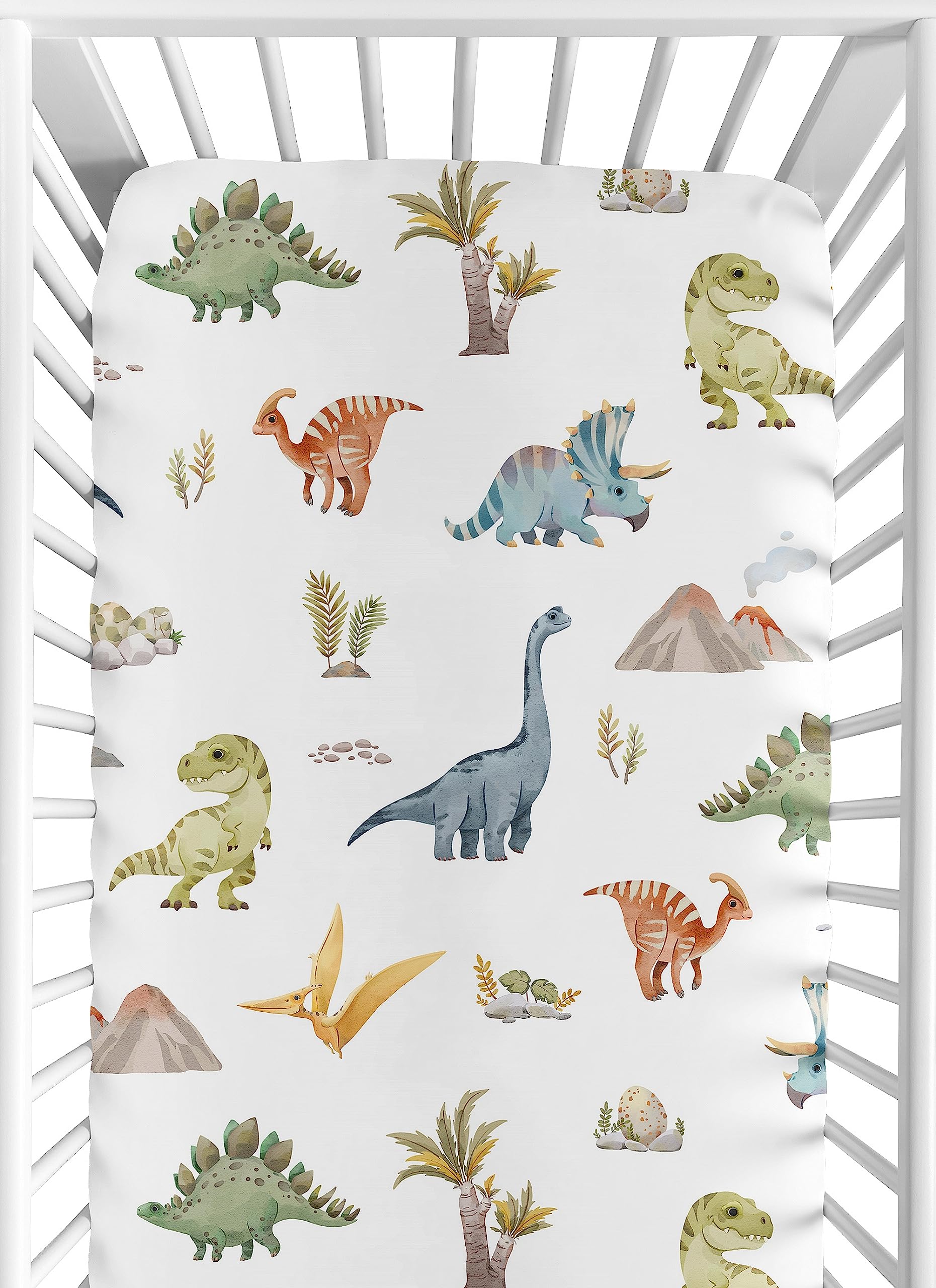 Sweet Jojo Designs watercolor dinosaur fitted sheet, soft and easy to wash for crib use.