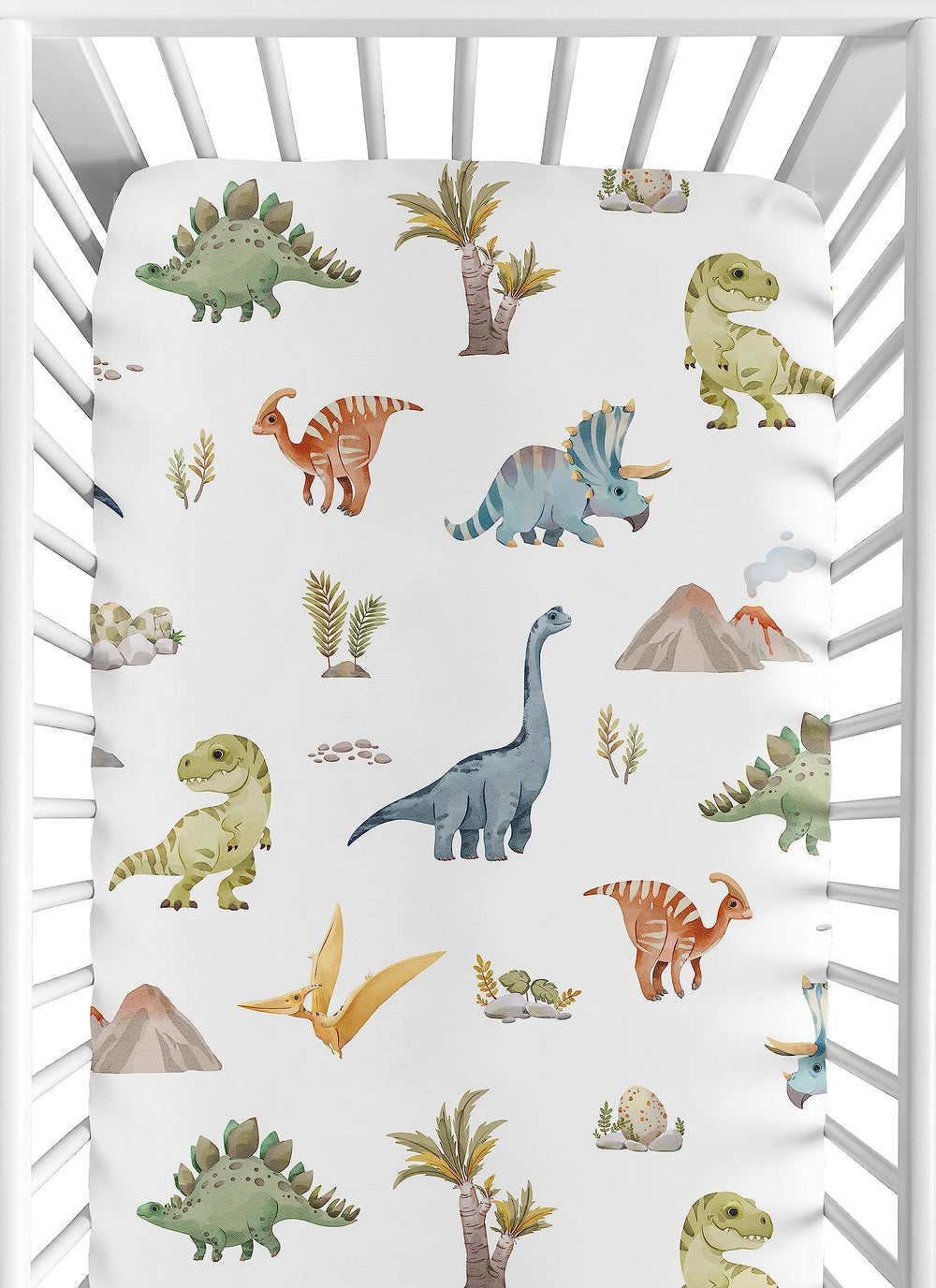 Sweet Jojo Designs watercolor dinosaur fitted sheet, soft and easy to wash for crib use.