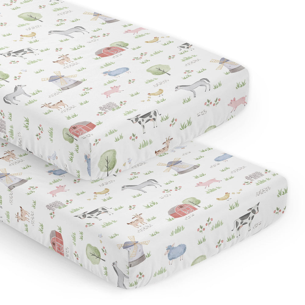 Sweet Jojo Designs watercolor farm animals crib sheets create a cozy, soothing nursery.