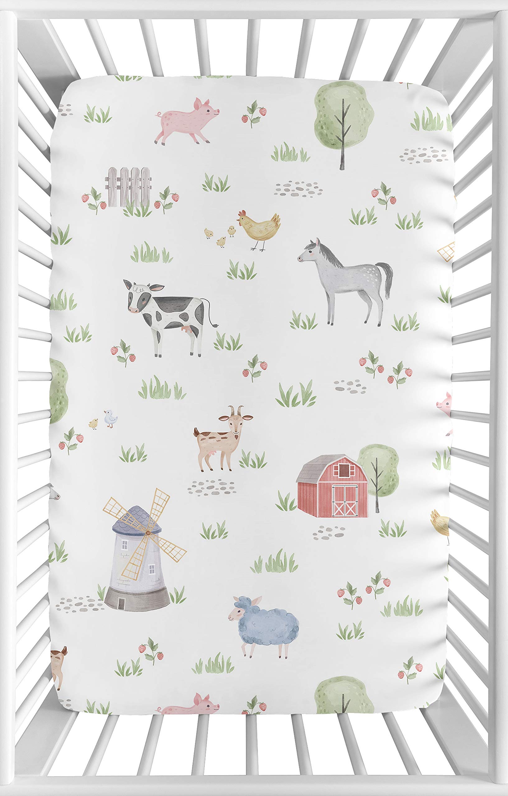 Sweet Jojo Designs watercolor farm animals print mini crib sheet; gentle on baby skin.