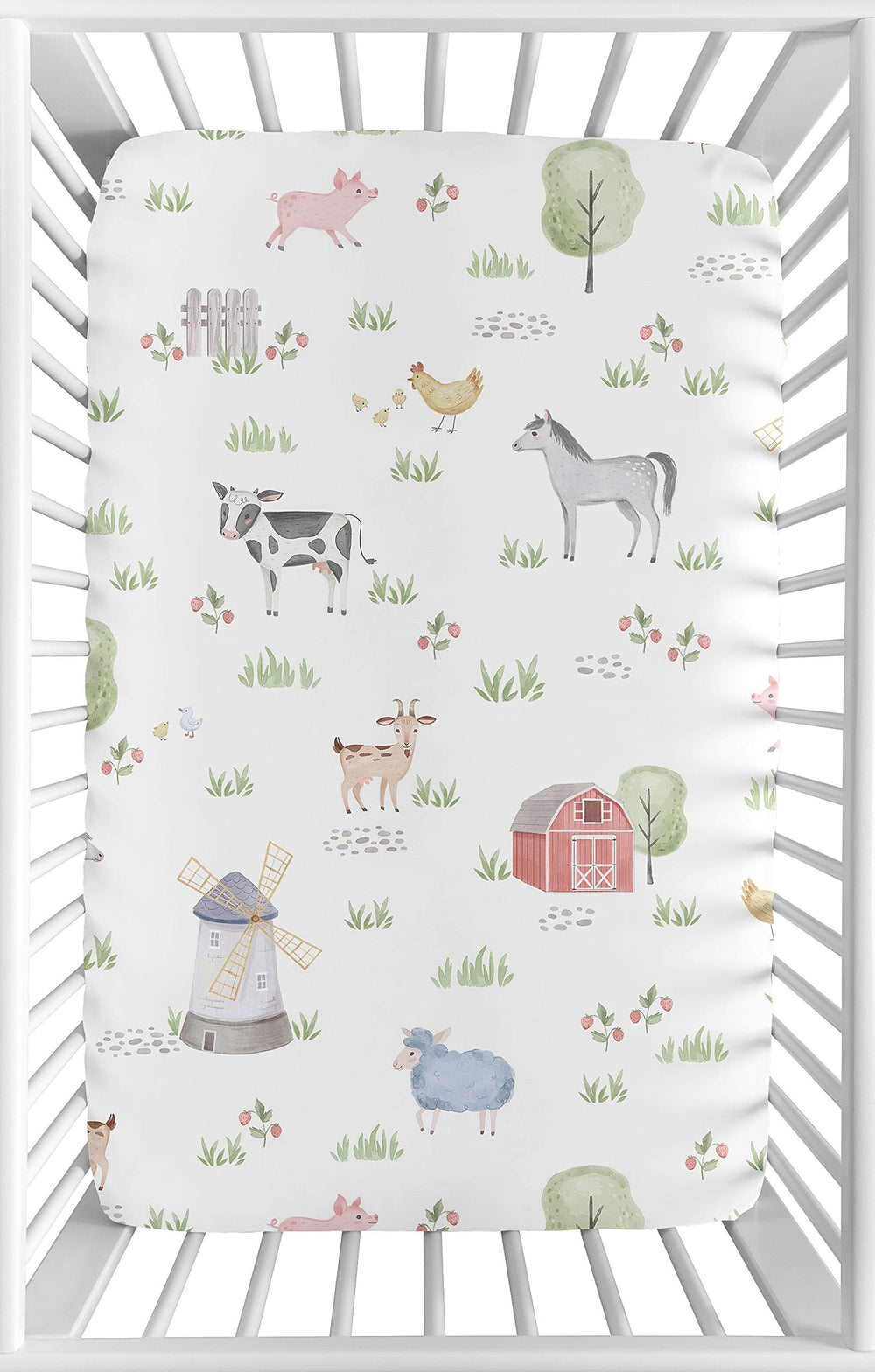 Sweet Jojo Designs watercolor farm animals print mini crib sheet; gentle on baby skin.
