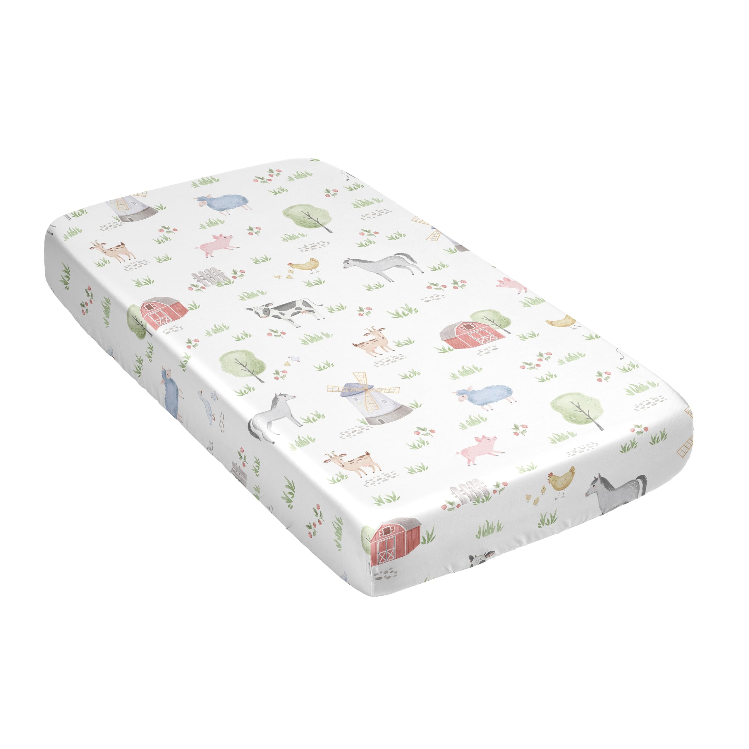 Sweet Jojo Designs watercolor farm barn scene on satin crib sheet for decor