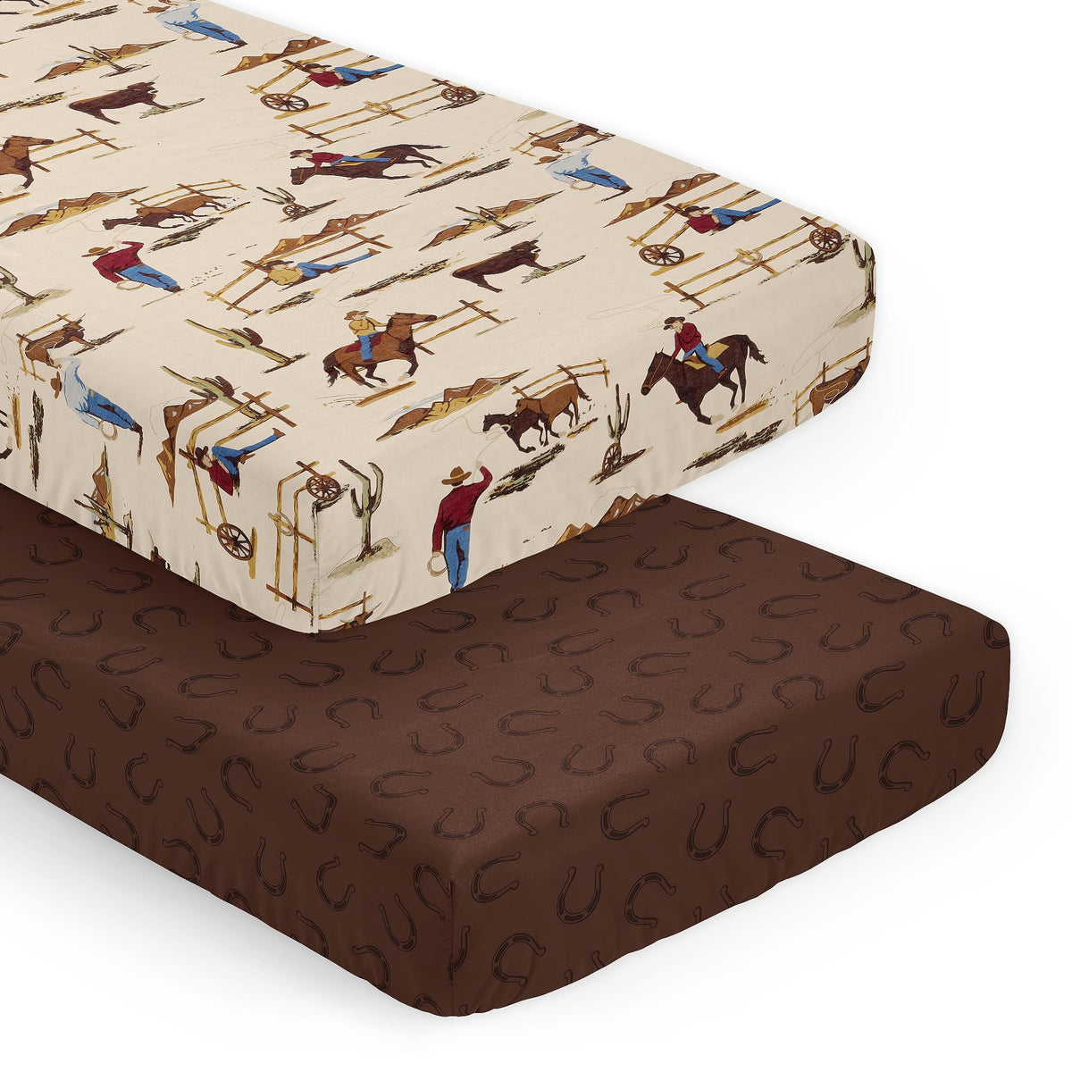 Sweet Jojo Designs western cowboy crib sheet with horseshoe pattern for a snug fit.