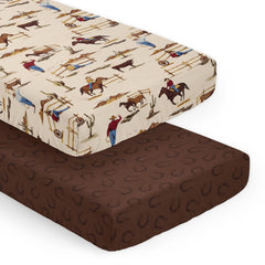 Sweet Jojo Designs western cowboy crib sheet with horseshoe pattern for a snug fit.