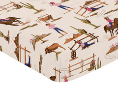 Elastic edge detail on Sweet Jojo Designs Western Cowgirl crib sheet for a secure fit