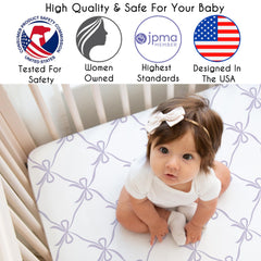 Sweet Jojo Designs white lavender bows crib design enhances calming nursery ambiance.