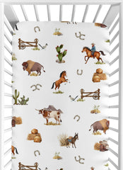 Sweet Jojo Designs wild-west print crib sheet; playful pattern for a cozy nursery.