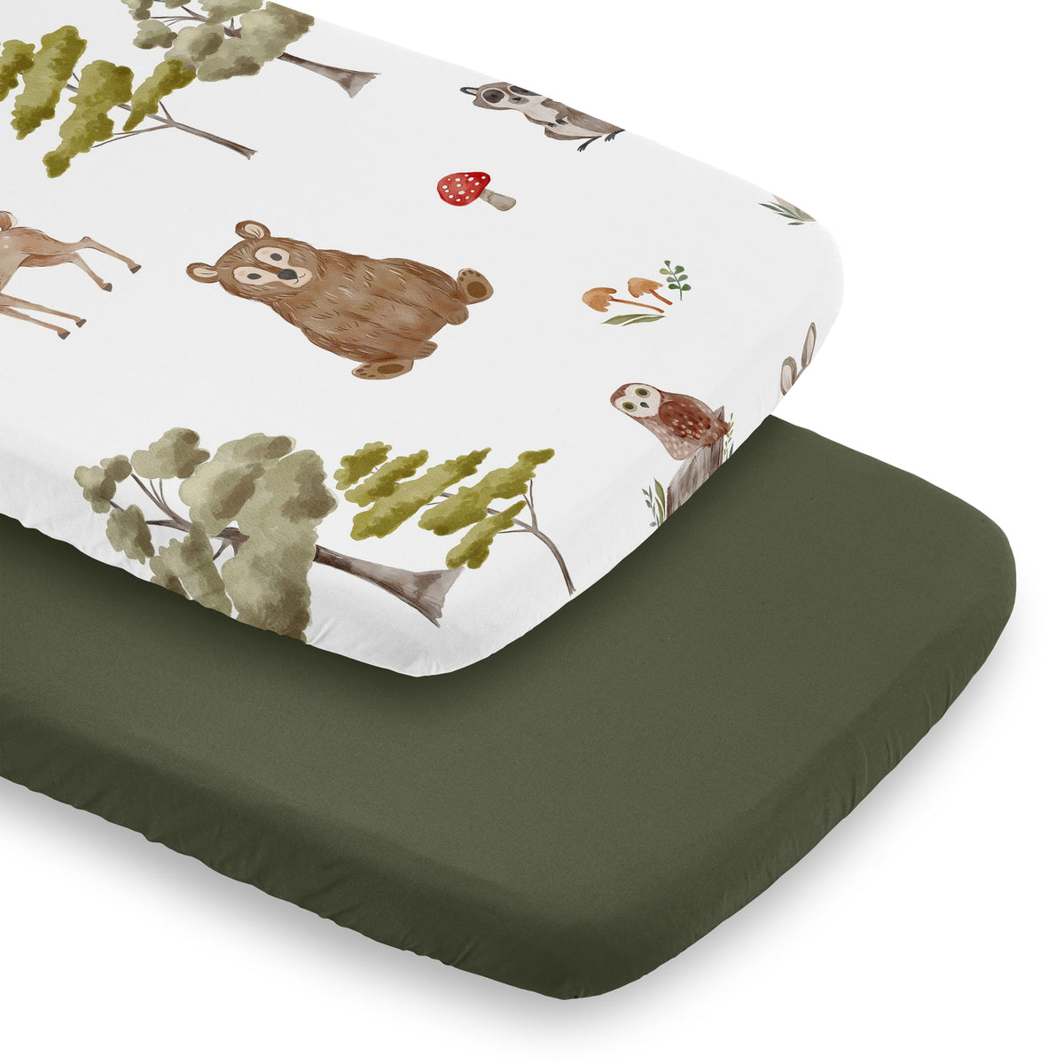 Sweet Jojo Designs bassinet sheets with woodland animals close-up showing snug fit
