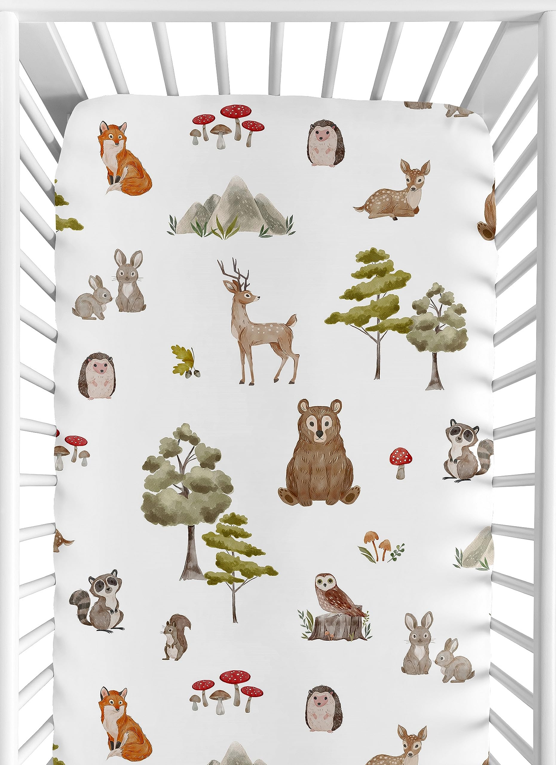 Sweet Jojo Designs woodland animals crib sheet front view in soft microfiber.