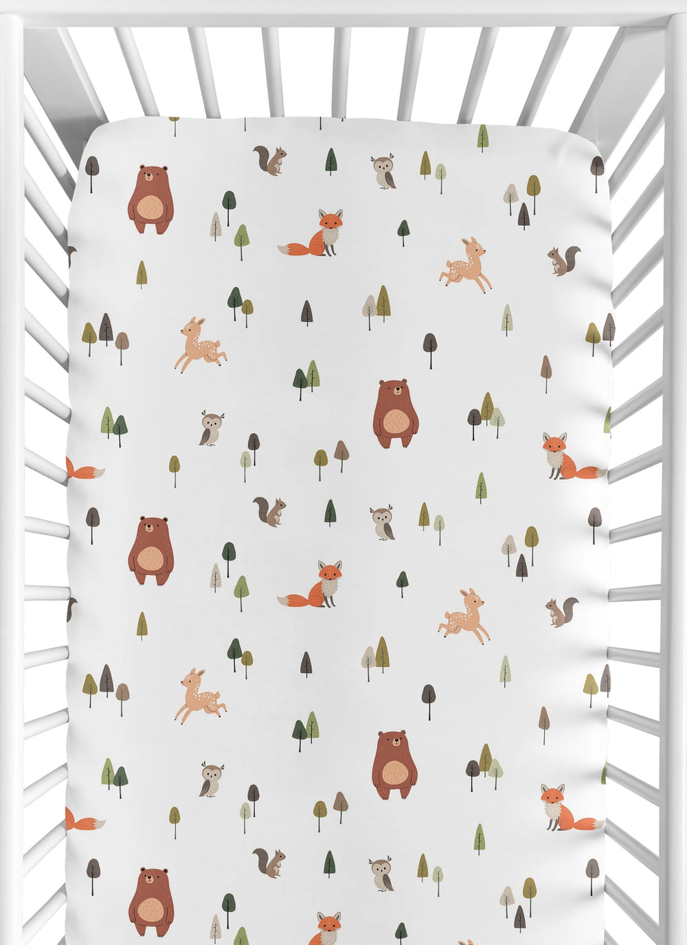 Sweet Jojo Designs woodland animals crib sheet in watercolor print for cozy nights.