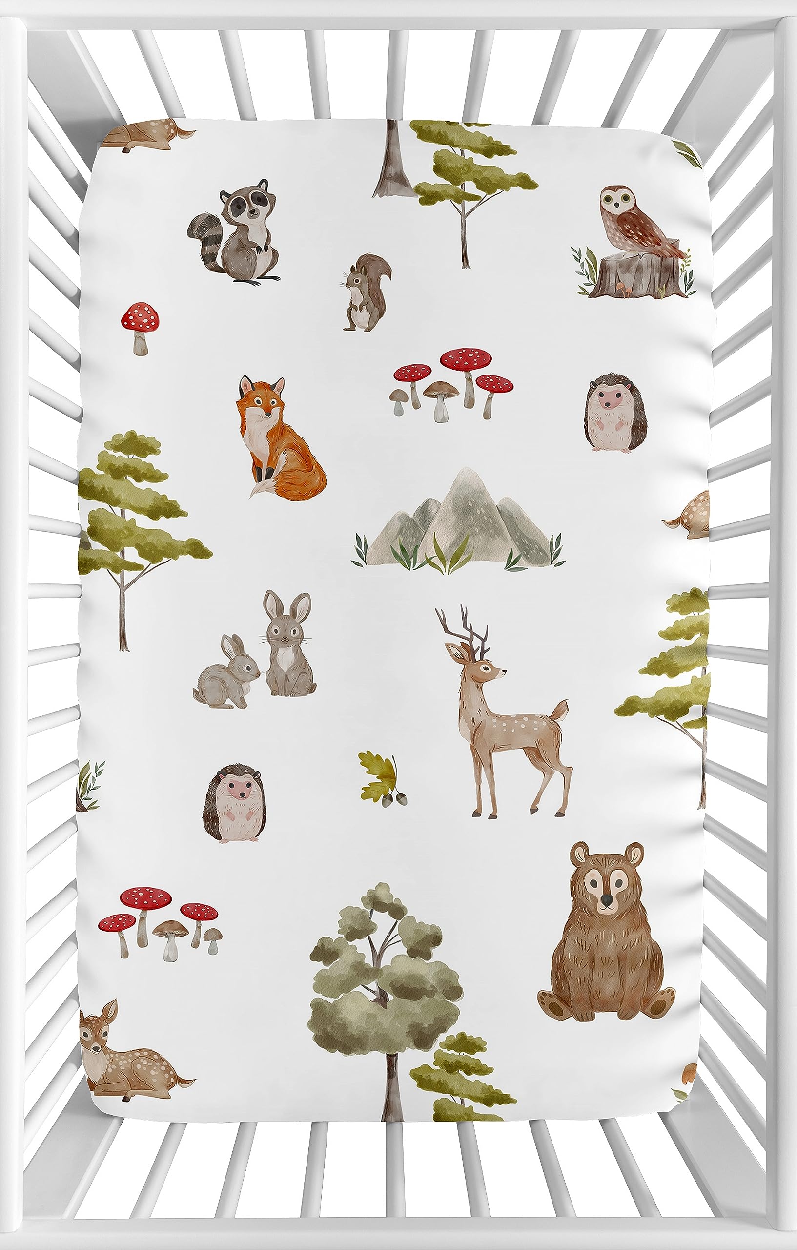 Sweet Jojo Designs woodland animals mini crib sheet closeup, soft brushed microfiber for delicate baby skin.