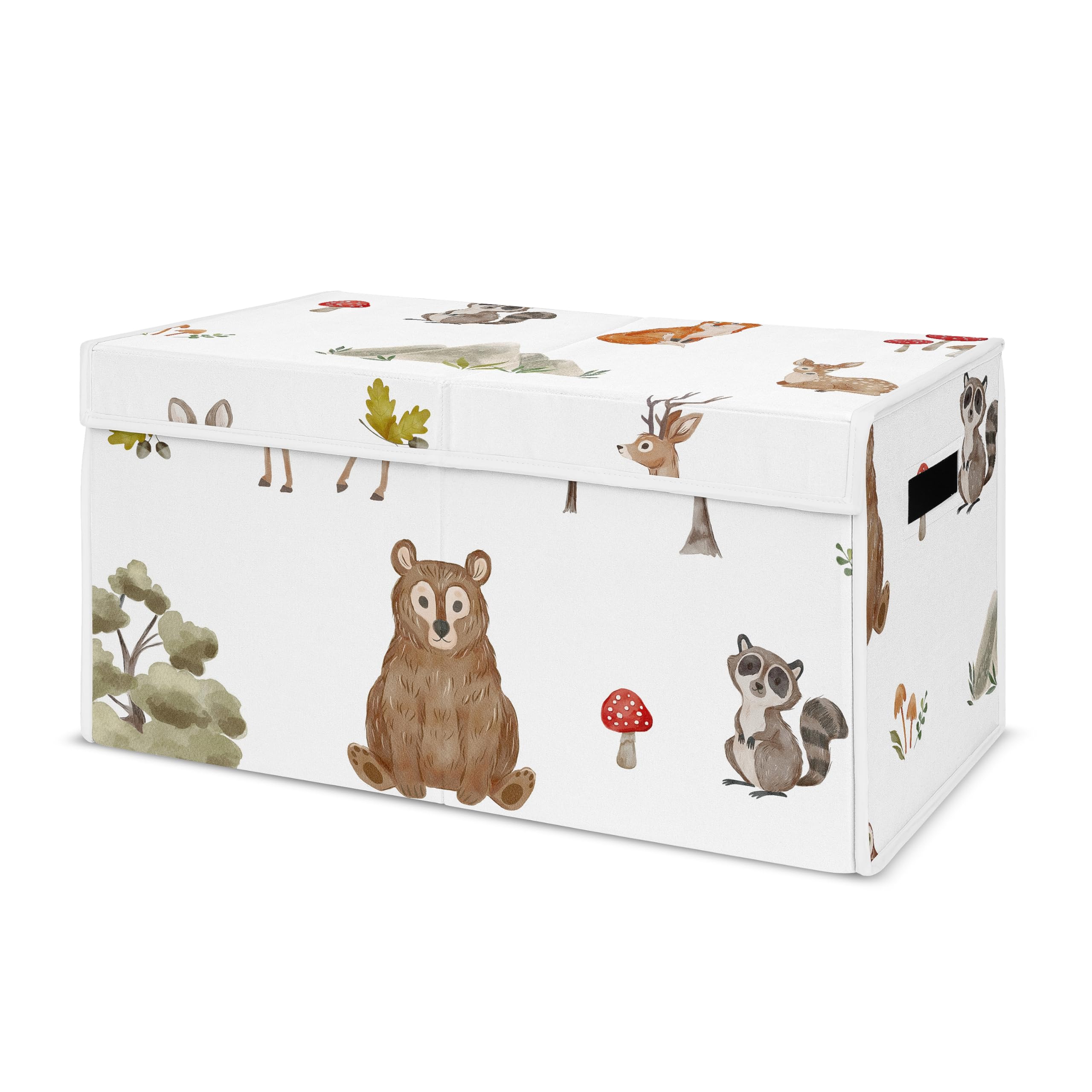 Sweet Jojo Designs storage box with lid featuring woodland animals to keep toys organized.