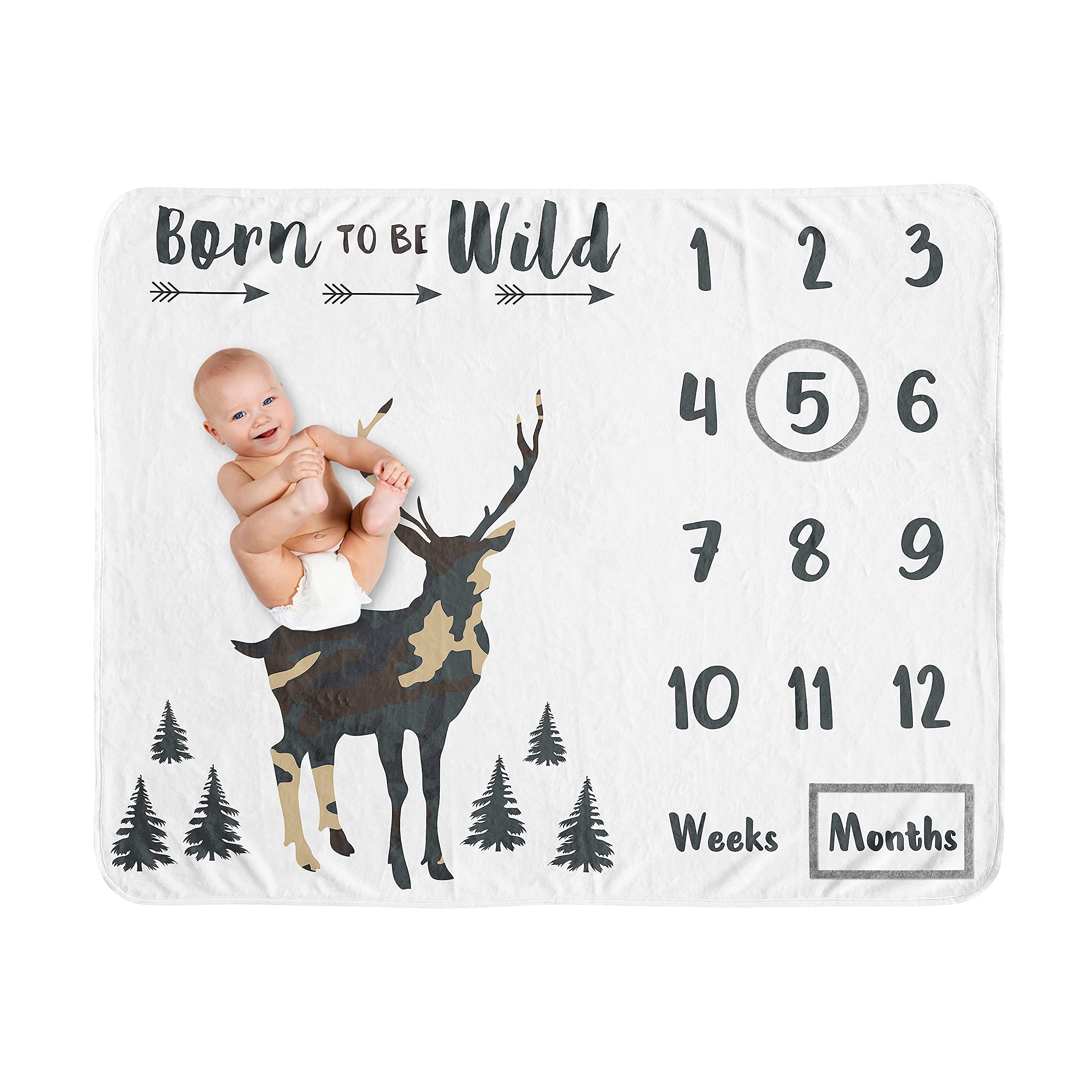 Sweet Jojo Designs woodland camo deer blanket backdrop for milestone photos.