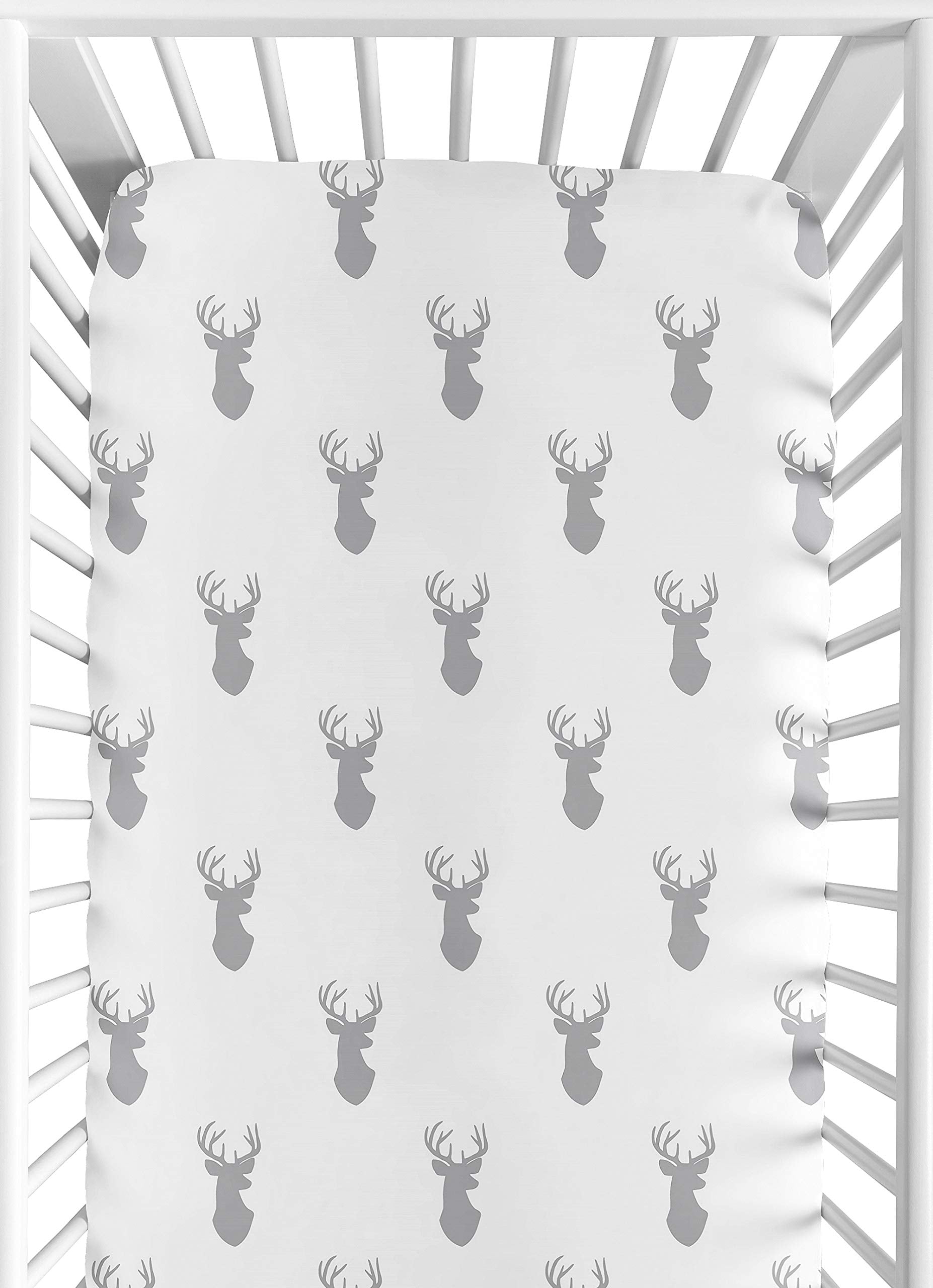 Sweet Jojo Designs Woodland Deer fitted crib sheet in gray and white for snug standard crib sleep