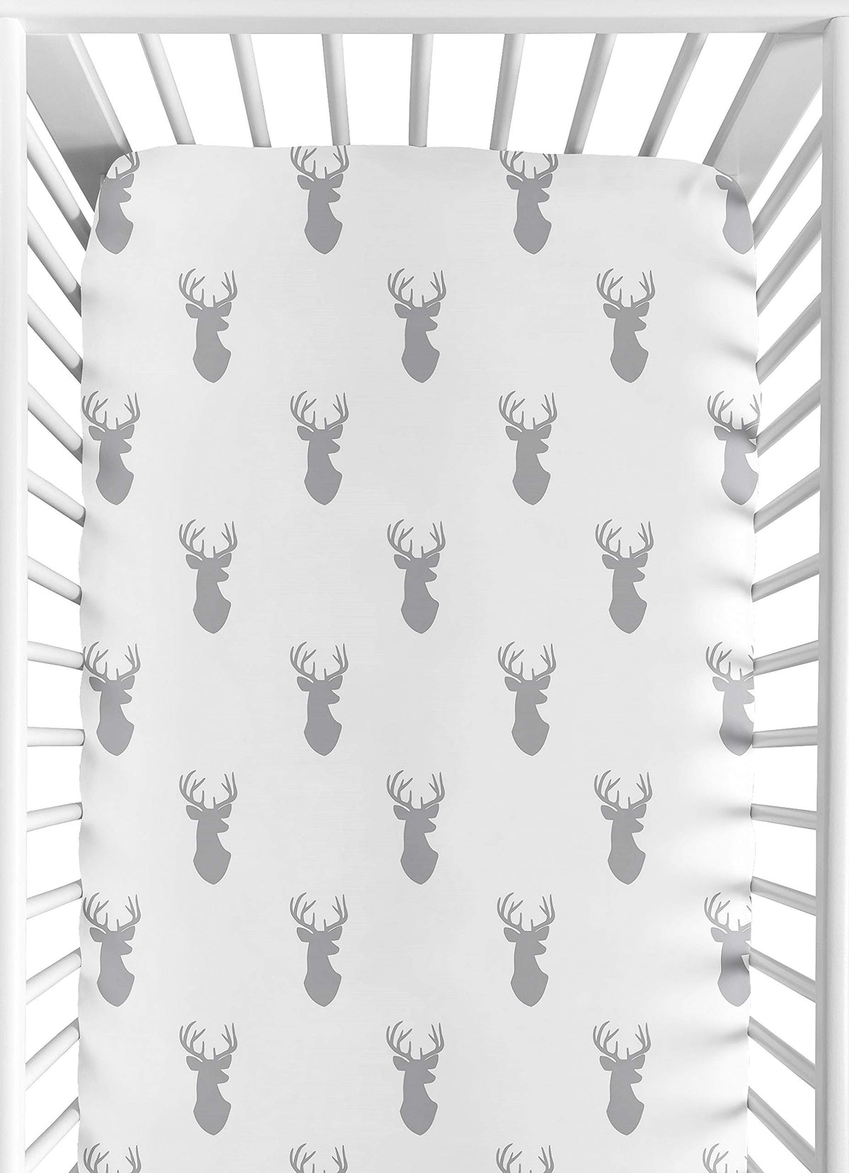 Sweet Jojo Designs Woodland Deer fitted crib sheet in gray and white for snug standard crib sleep