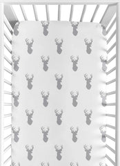 Sweet Jojo Designs Woodland Deer fitted crib sheet in gray and white for snug standard crib sleep