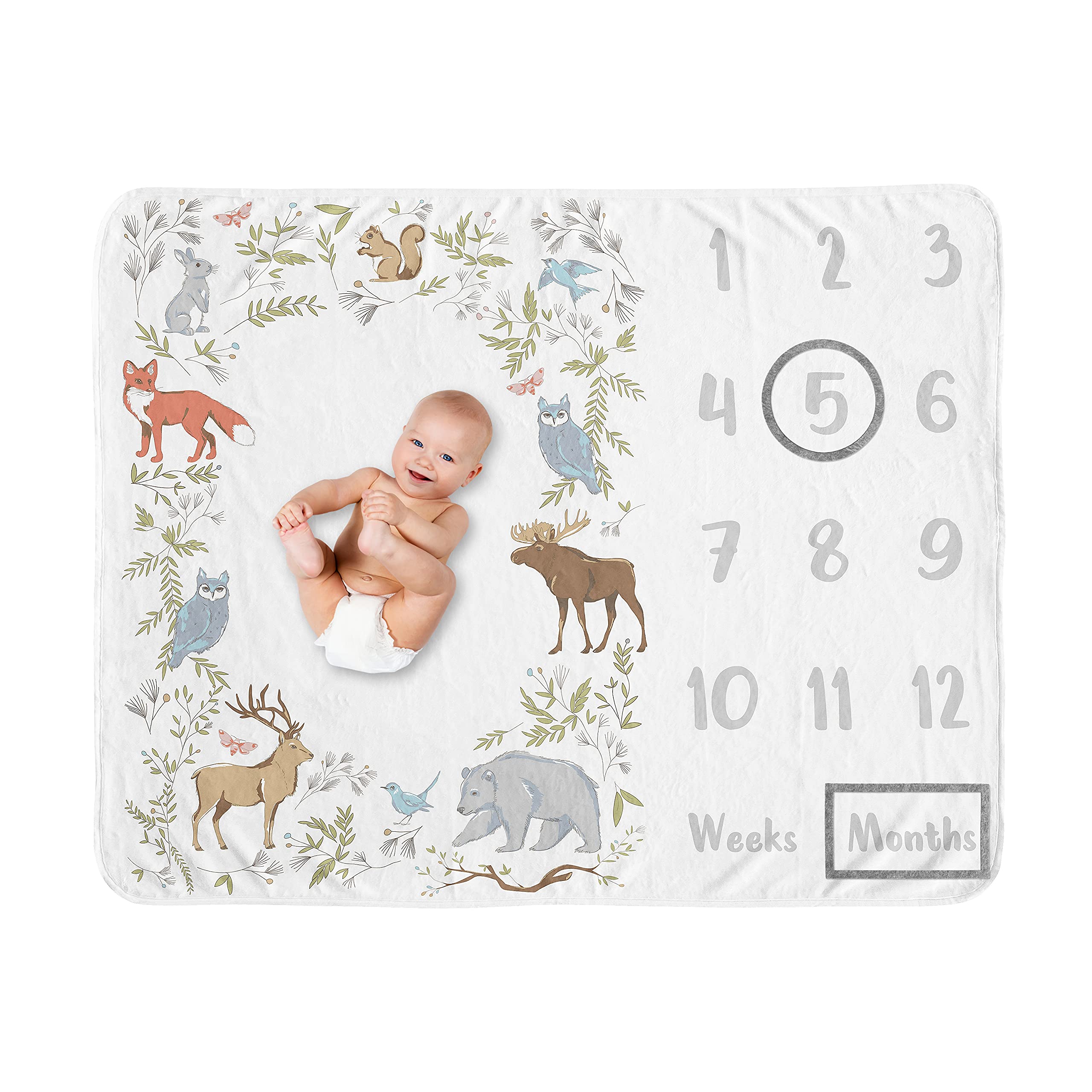 Sweet Jojo Designs woodland milestone blanket with forest animals for adorable monthly photos