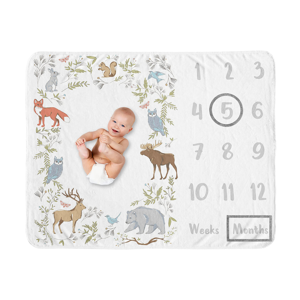Sweet Jojo Designs woodland milestone blanket with forest animals for adorable monthly photos