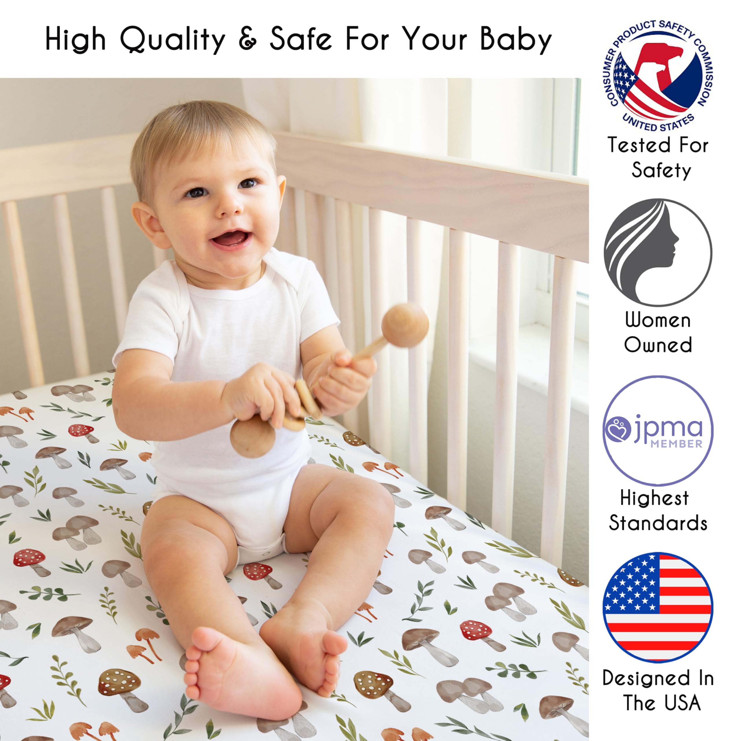 Sweet Jojo Designs Woodland Mushroom crib sheet elastic edge ensures secure, snug fit