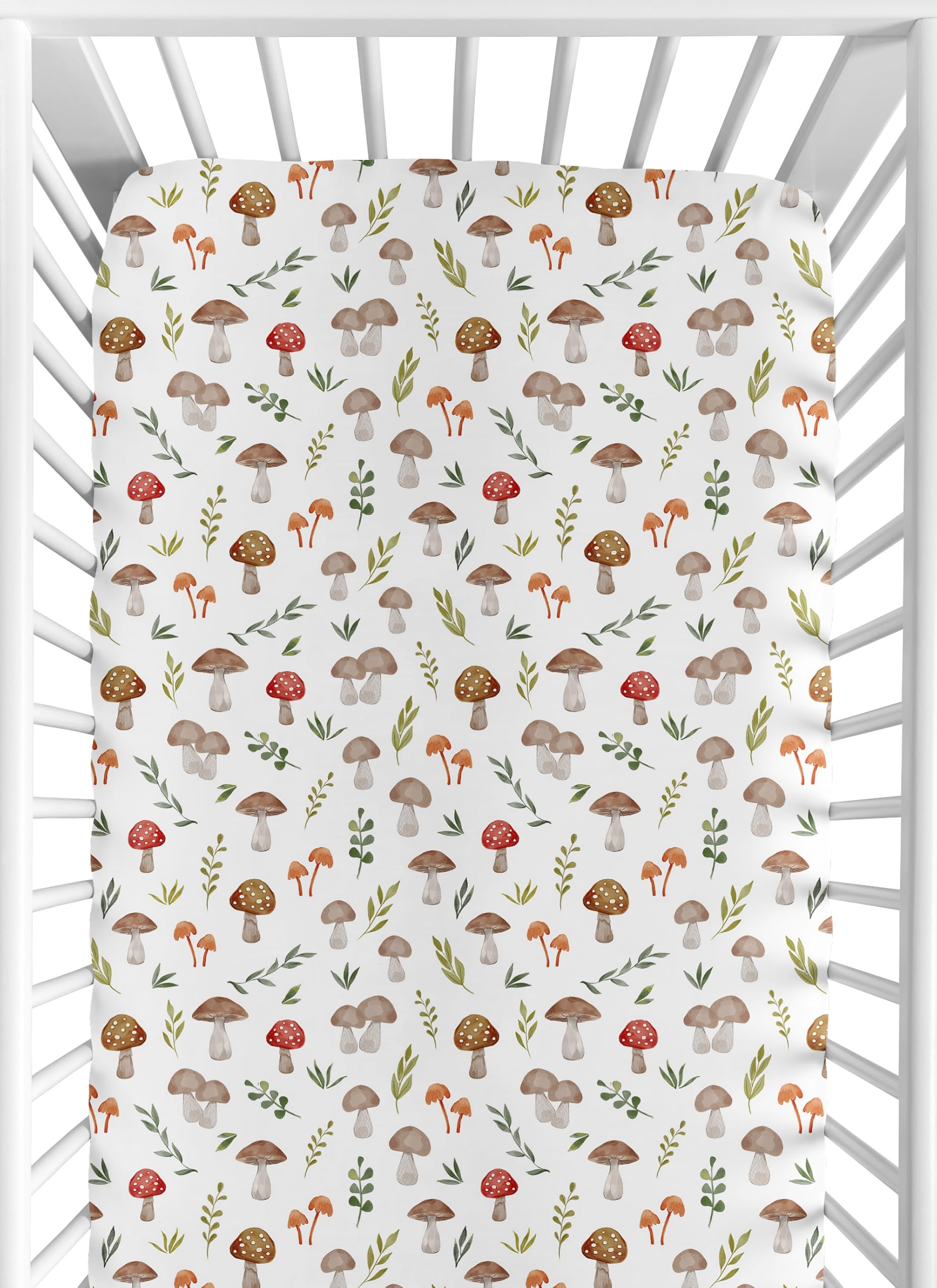 Sweet Jojo Designs Woodland Mushroom crib sheet full view with watercolor print for a gender-neutral nursery