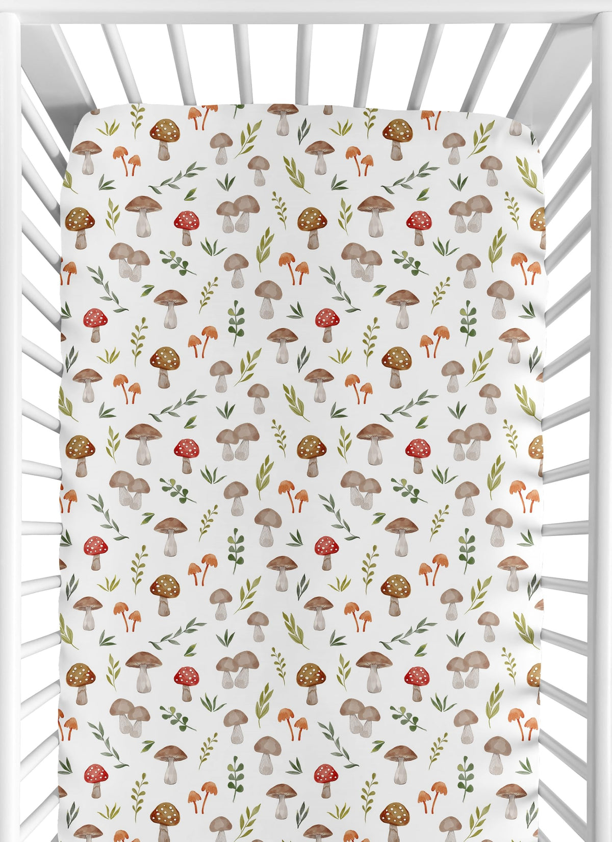 Sweet Jojo Designs Woodland Mushroom crib sheet full view with watercolor print for a gender-neutral nursery