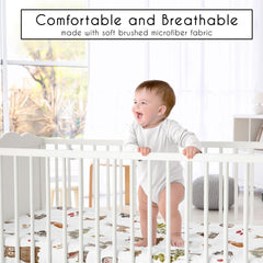 Sweet Jojo Designs crib sheet woodland pattern closeup on durable fabric.