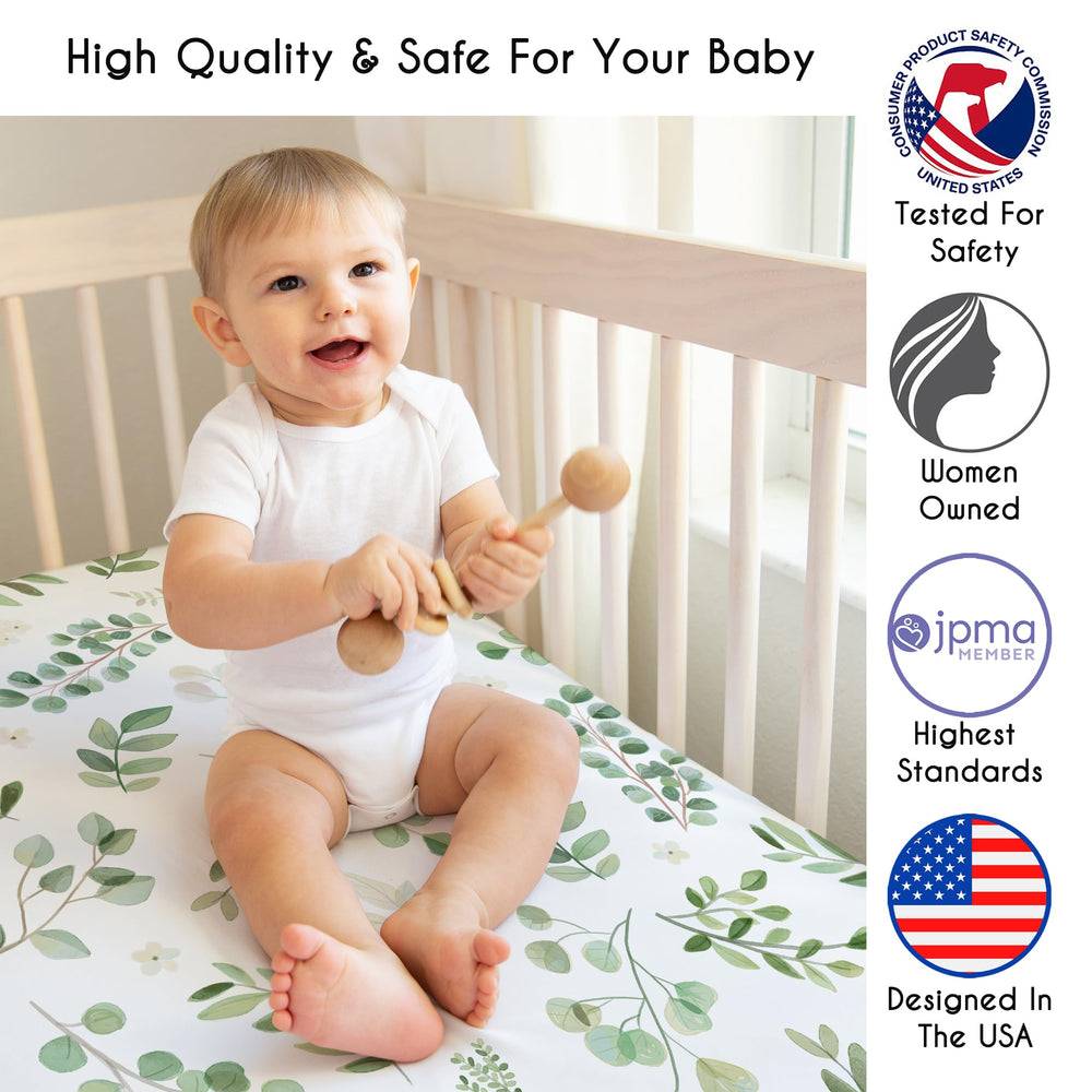 Sweet Jojo Designs sage green crib sheet in a serene nursery for calm naps.